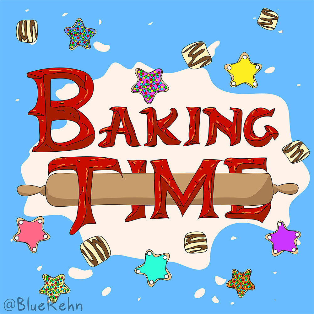 A square graphic that says "Baking Time" in the style of the opening title card to the TV show "Adventure Time" - instead of a sword, a rolling pin crosses the word "time" horizontally. The letters look like carved red rock. The background is a splatter of cream-coloured dough scattered with assorted biscuits including colourful stars and chocolate-drizzled square shortbreads