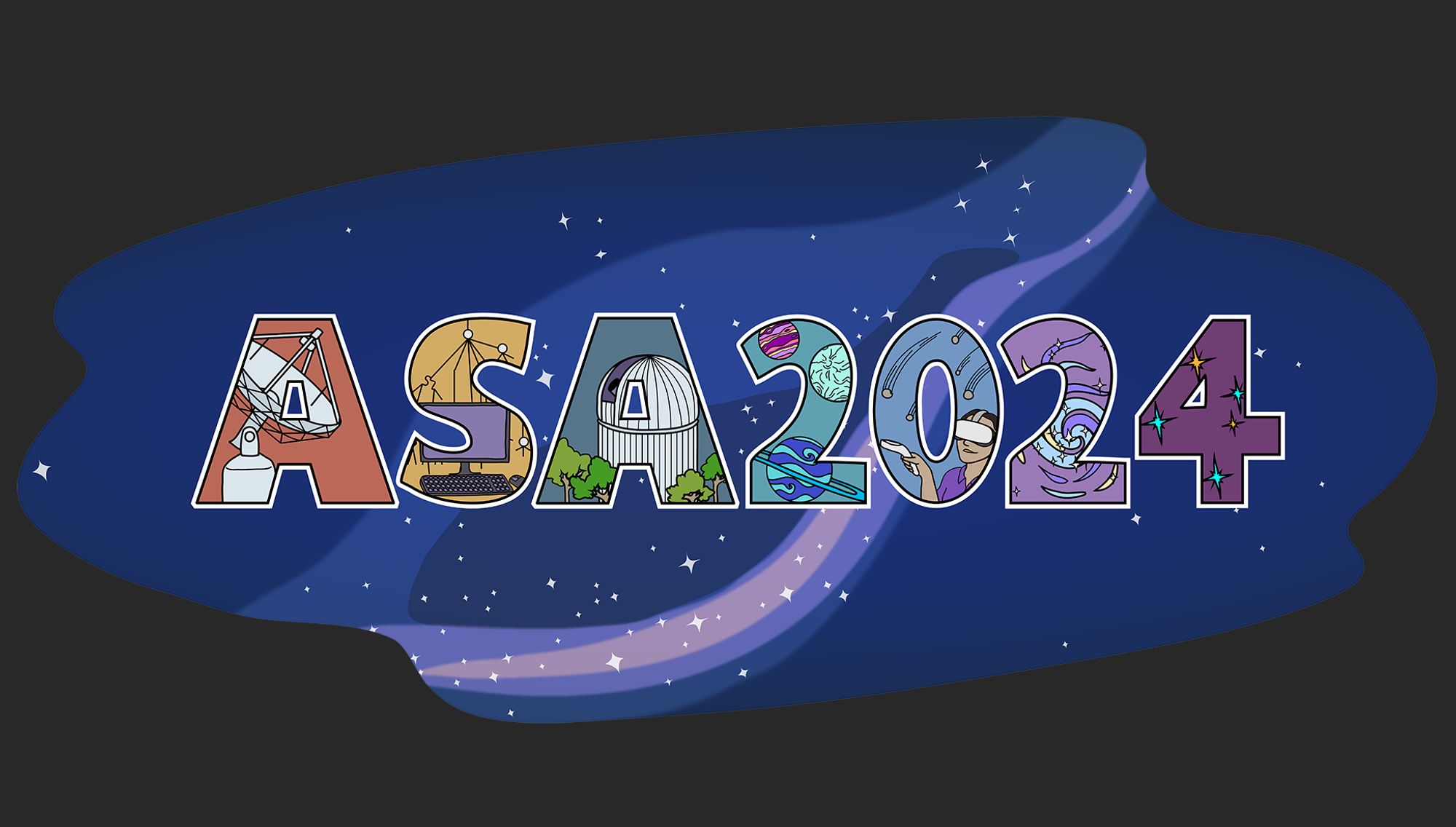 A logo of block letters "ASA2024" on a starry background of the Milky Way. Each of the letters is a different muted colour of the rainbow and contains an illustration including a radio telescope, a computer with a cosmic ray diagram, an observatory telescope, exoplanets, a person watching meteorites in a VR headset, a spiral galaxy, and the Southern Cross