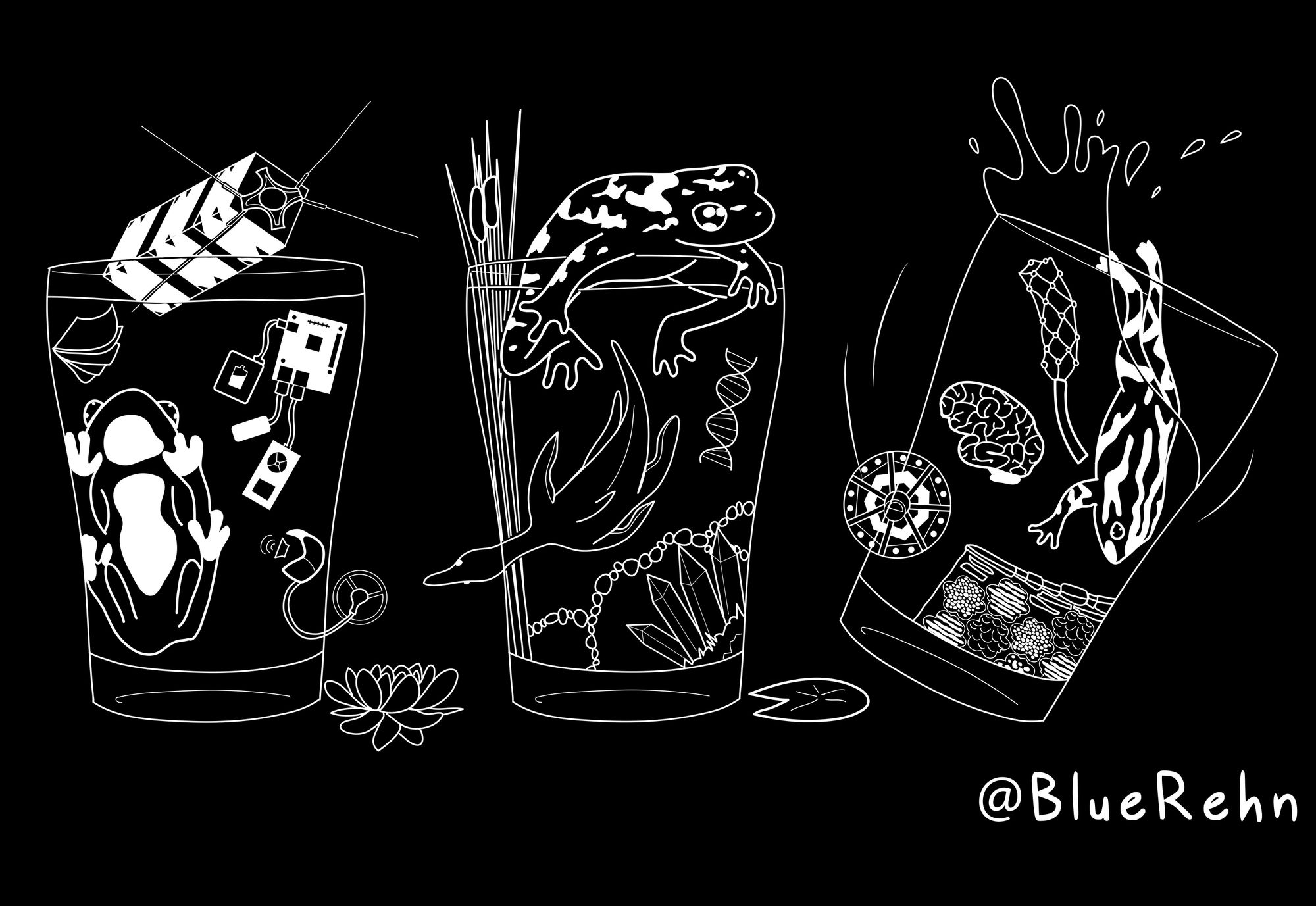 A digital illustration with white lineart on a black background, showing three pint glasses each containing a frog and various items. The left pint includes a frog pressed up against the inside of the glass, a boxy satellite, a notepad, and a cochlear implant. The middle glass contains a frog climbing up over the rim, reeds, a pliosaur, a DNA strand, curving walls made of rocks, and crystals. The third glass is tipping to the right as a small frog leaps out, and inside is a Stentrode array, brain, orbital engine, and living seawall