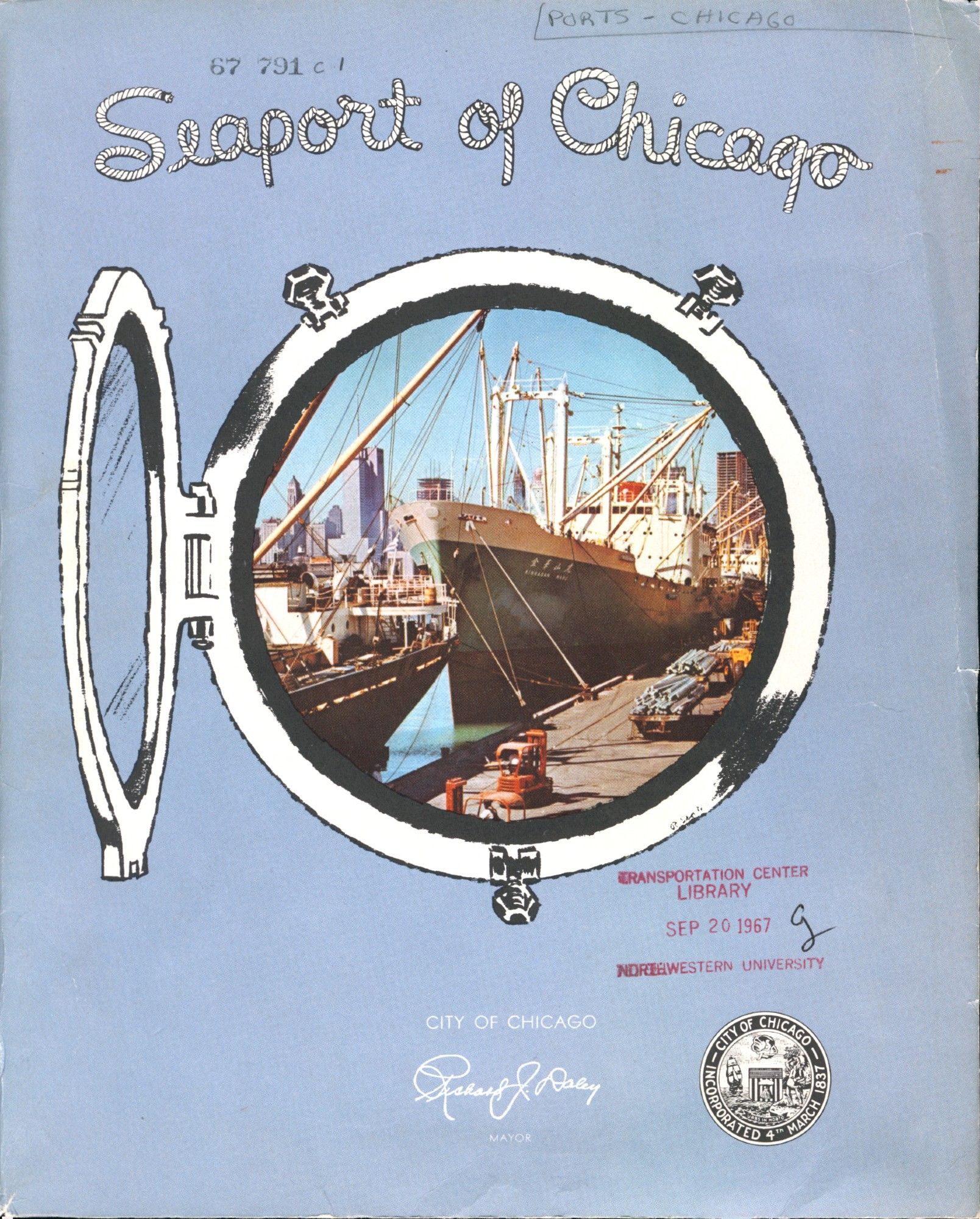 Cover of report with text "Seaport of Chicago" and photograph of a ship through an open porthole window.