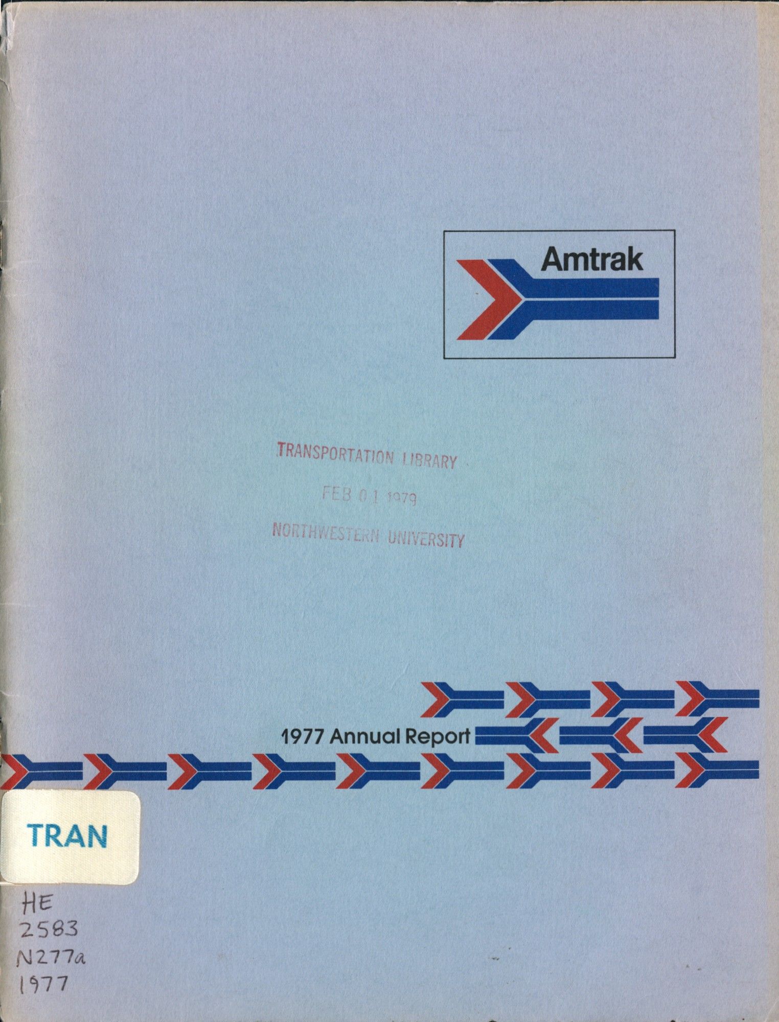 Cover of Amtrak 1977 Annual Report with repeating Amtrak logo