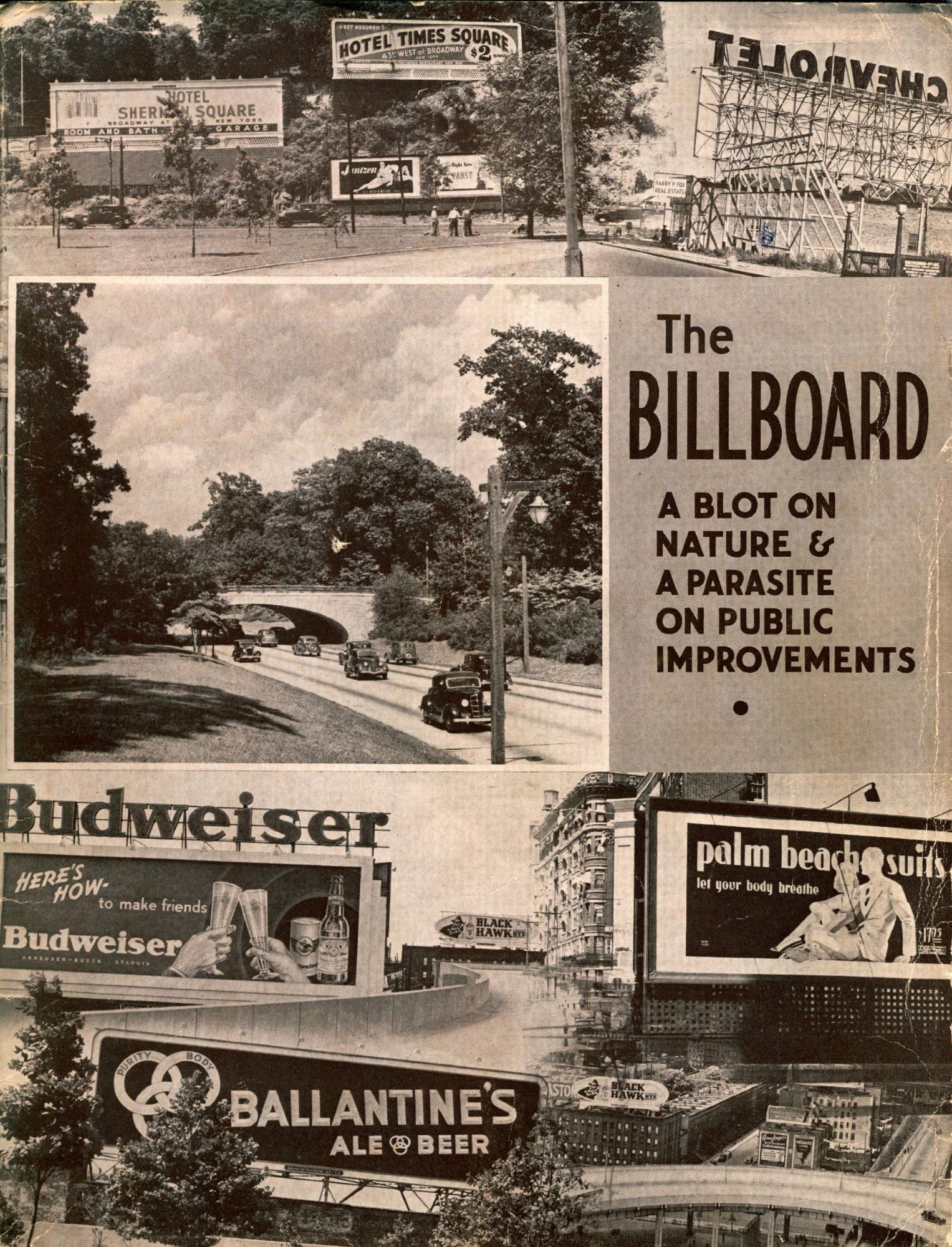 Text "The Billboard: A Blot on Nature & A Parasite on Public Improvements" with photographs of roadside billboards