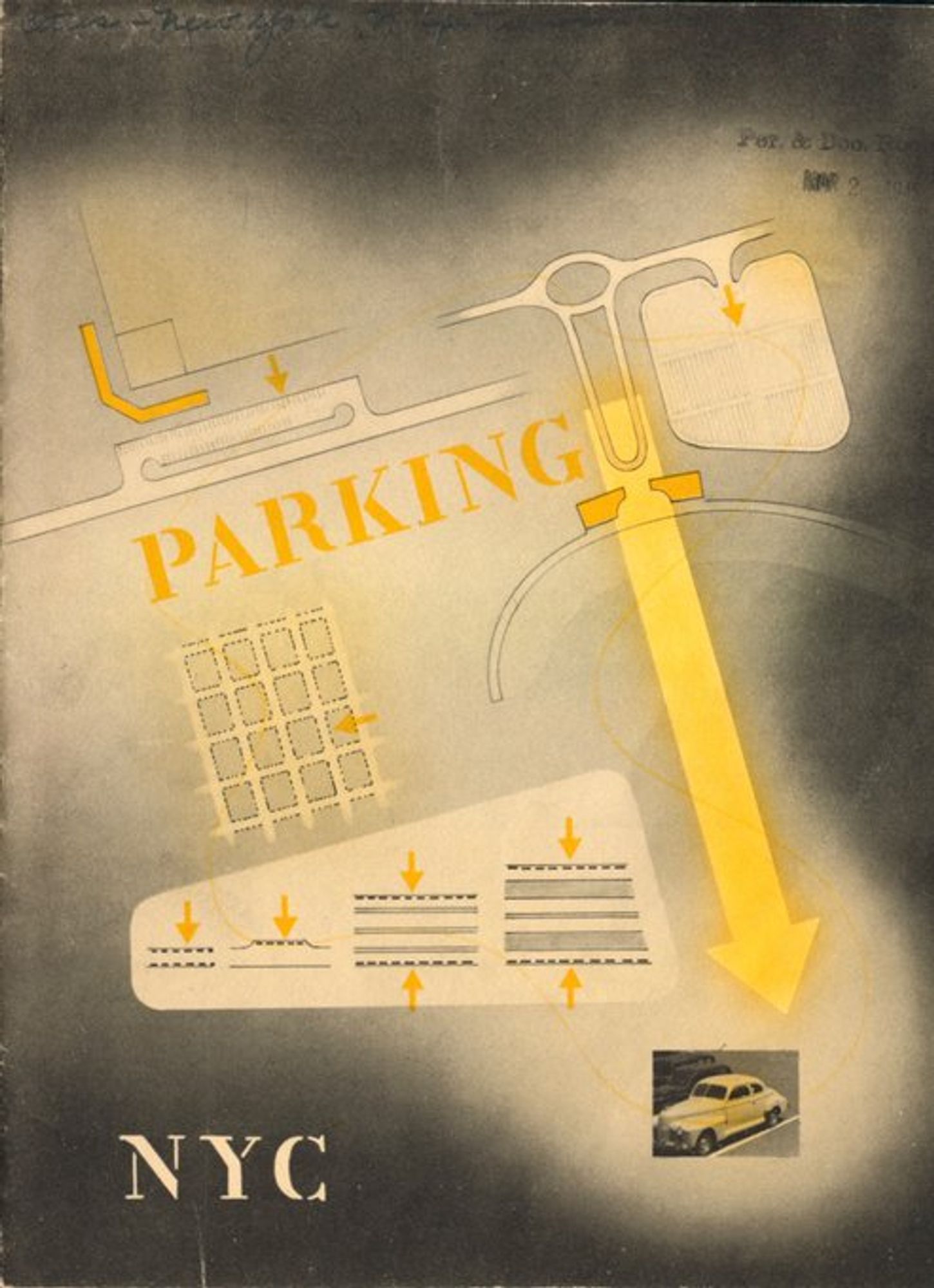 Text reads "parking NYC" and image is an illustration of parking schemes.