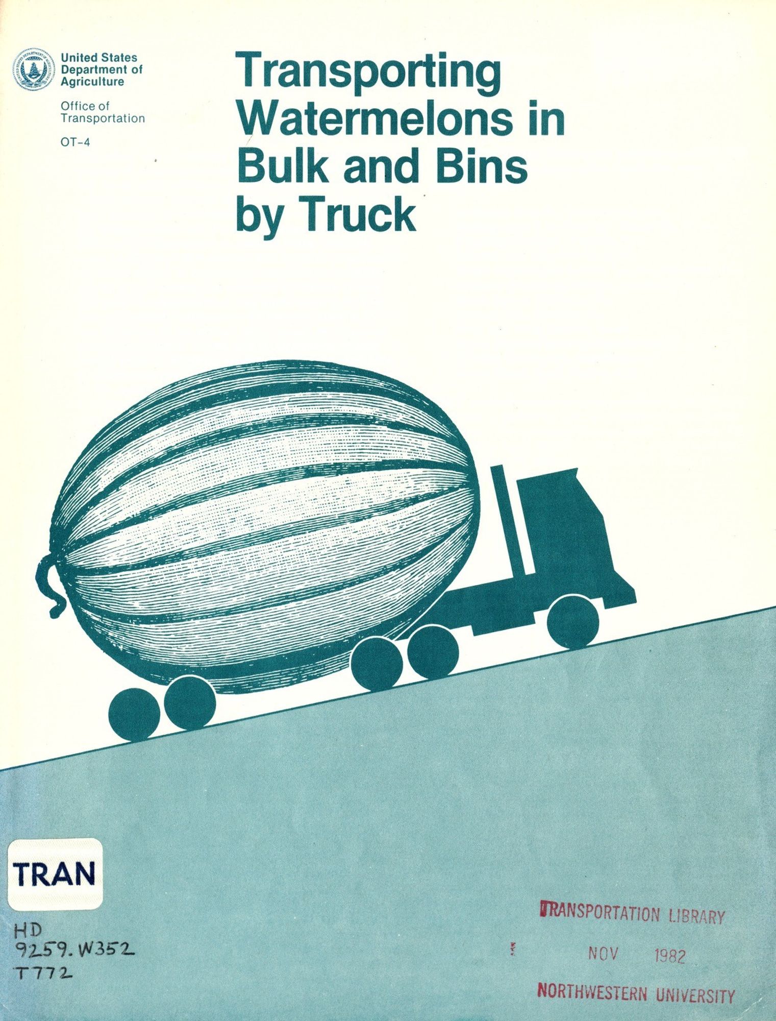 Text "United States Department of Agriculture. Transporting Watermelons in Bulk and Bin by Truck." Illustration of a semi truck with a watermelon as its trailer.