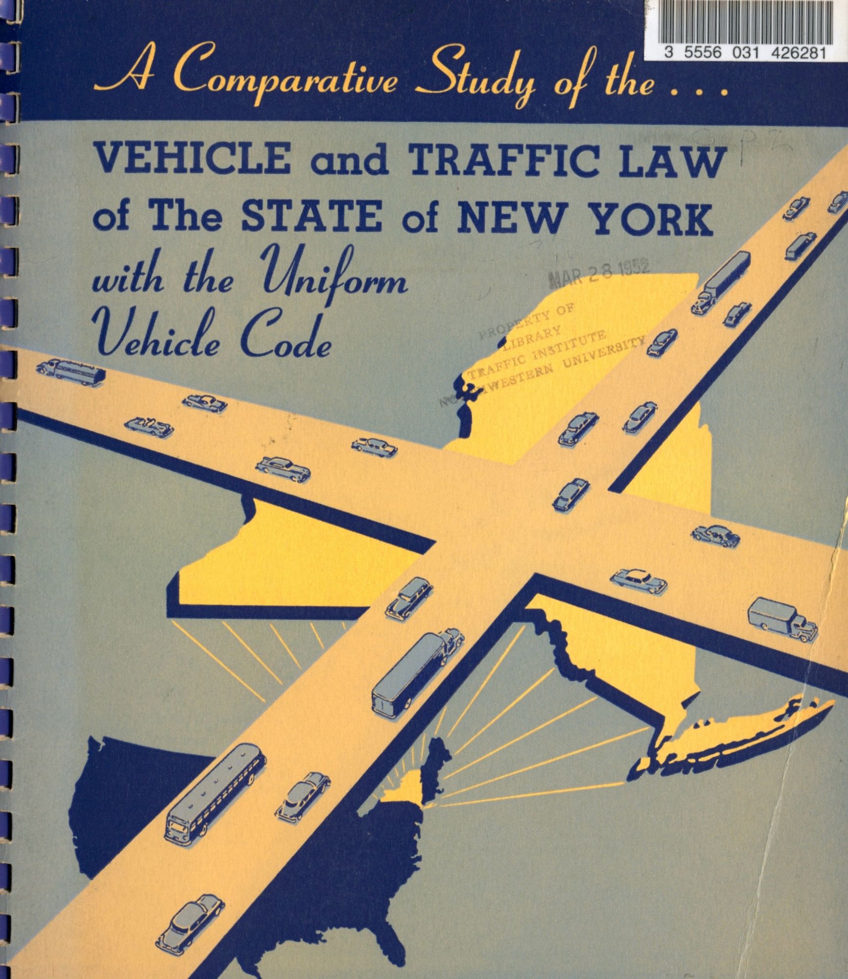 Illustration of two intersecting roads with maps of the U.S. and New York State in the background. Text reads “A Comparative Study of the VEHICLE and TRAFFIC LAW of The STATE of NEW YORK with the Uniform Vehicle Code.”