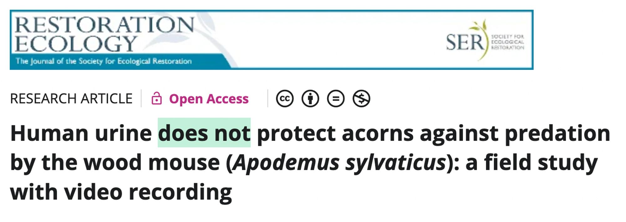 An article from the journal "Restoration Ecology" entitled "Human urine does not protect acorns against predation by the wood mouse (Apodemus sylvaticus): a field study with video recording