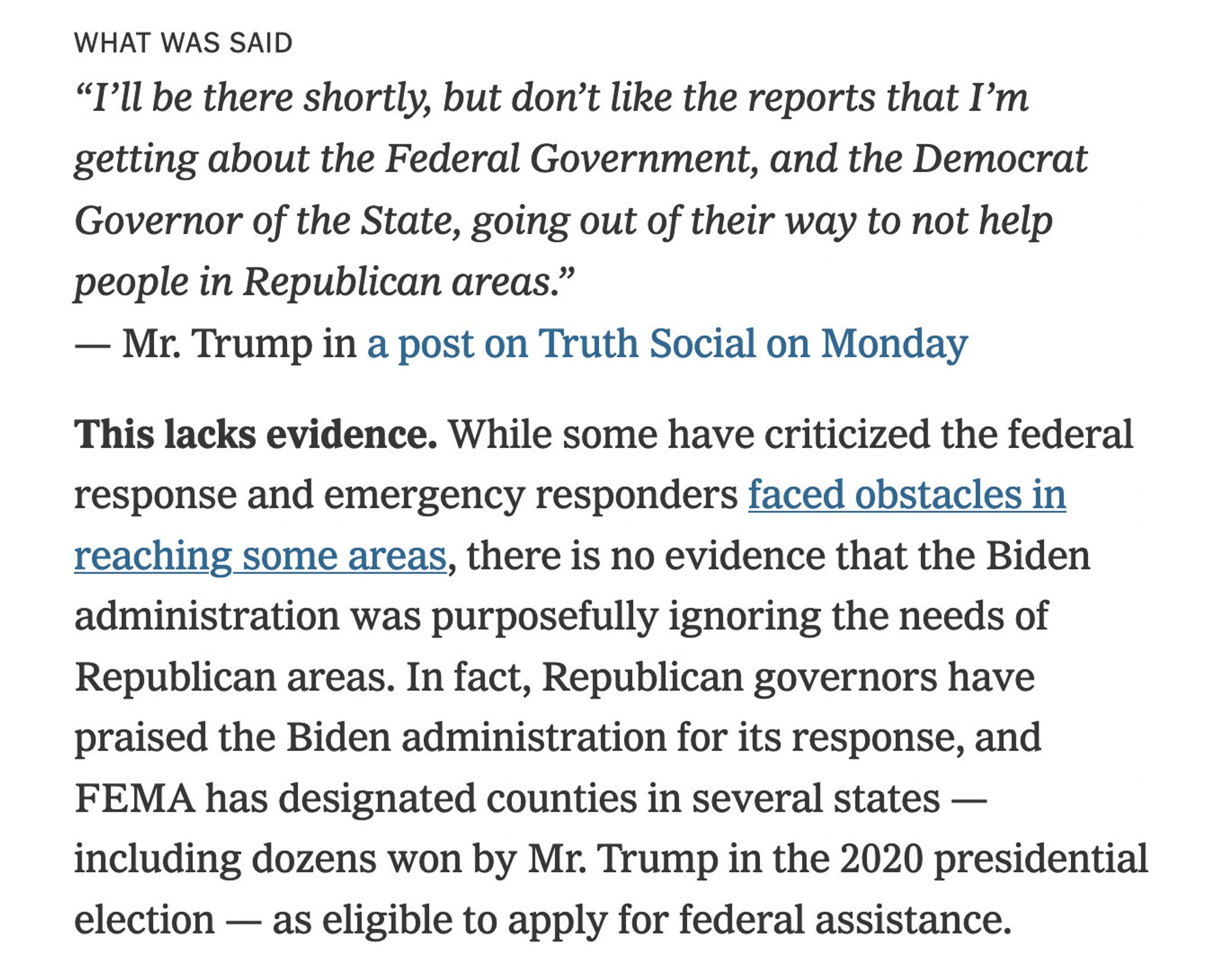 NYT report of Trump spreading the idea that Helene aid wasn't going to areas that voted GOP, doesn't like it.