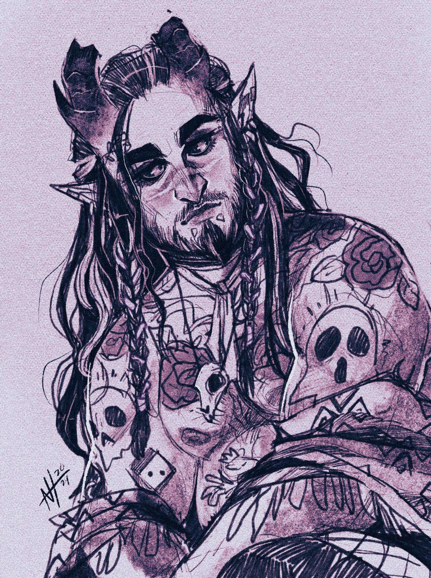 A portrait sketch of a handsome teifling with a bunch of tattoos