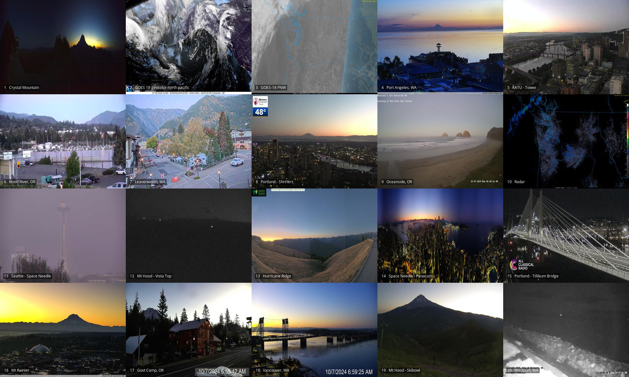 Webcams of: Crystal Mtn | GOES18 geocolor of NP and PNW | Port Angeles | PDX Tower | Hood River OR | Leavenworth WA | PDX OHSU | Oceanside OR | Radar | Space Needle | Mt Hood looking south to Jefferson | Hurricane Ridge | Space Needle PanoCam | PDX Tilikum xing | Mt Rainier | Government Camp OR | Vancouver WA | Mt Hood Skibowl | Westport WA