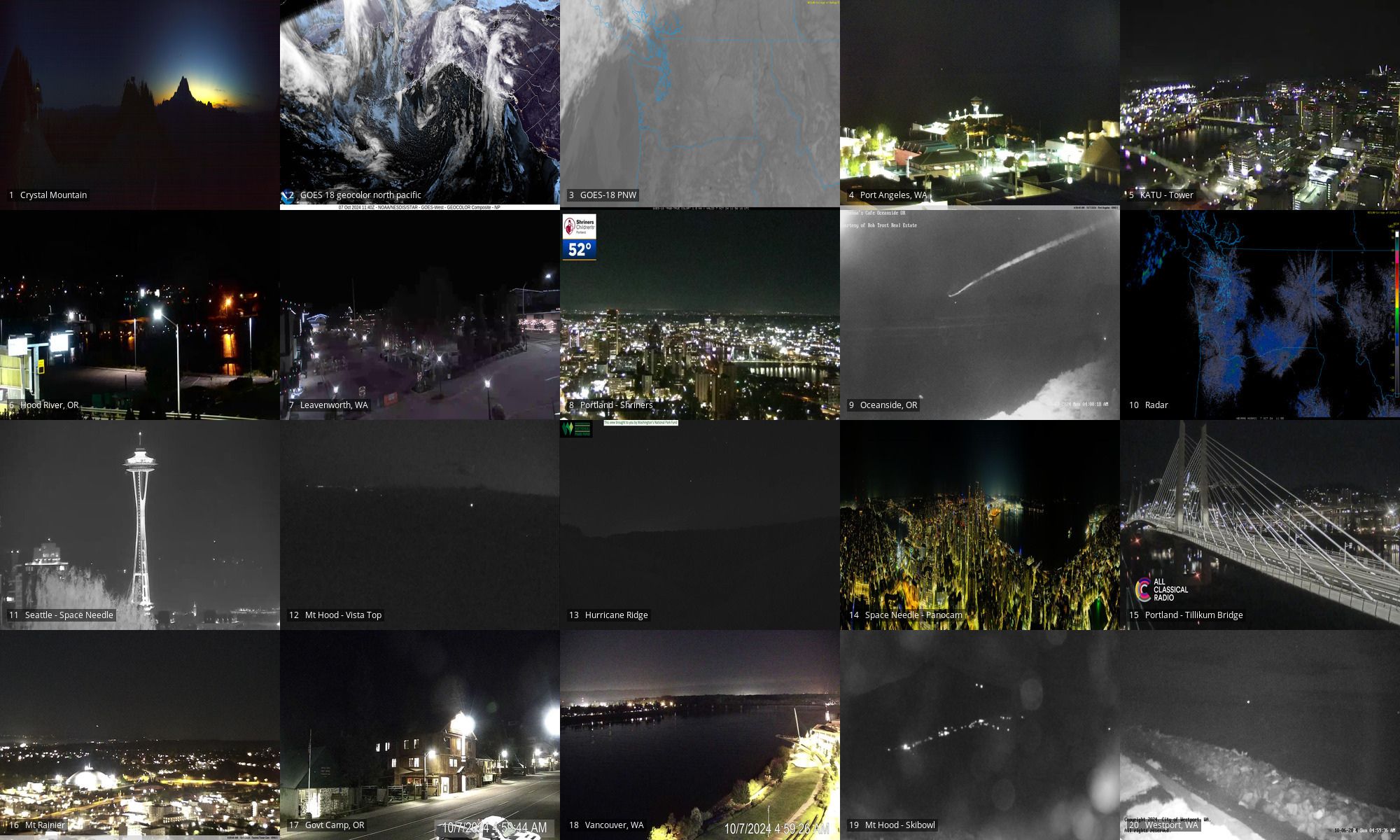 Webcams of: Crystal Mtn | GOES18 geocolor of NP and PNW | Port Angeles | PDX Tower | Hood River OR | Leavenworth WA | PDX OHSU | Oceanside OR | Radar | Space Needle | Mt Hood looking south to Jefferson | Hurricane Ridge | Space Needle PanoCam | PDX Tilikum xing | Mt Rainier | Government Camp OR | Vancouver WA | Mt Hood Skibowl | Westport WA