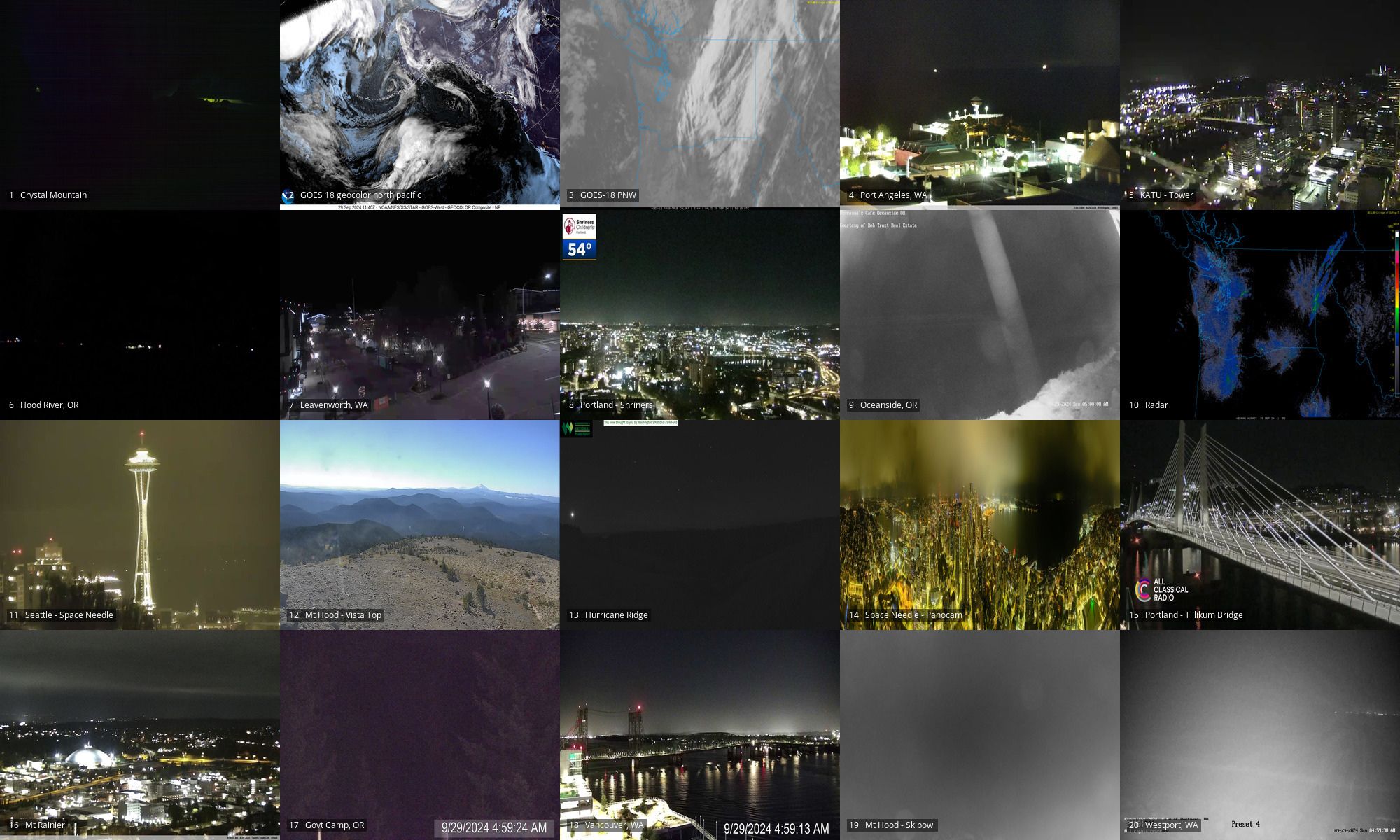 Webcams of: Crystal Mtn | GOES18 geocolor of NP and PNW | Port Angeles | PDX Tower | Hood River OR | Leavenworth WA | PDX OHSU | Oceanside OR | Radar | Space Needle | Mt Hood looking south to Jefferson | Hurricane Ridge | Space Needle PanoCam | PDX Tilikum xing | Mt Rainier | Government Camp OR | Vancouver WA | Mt Hood Skibowl | Westport WA