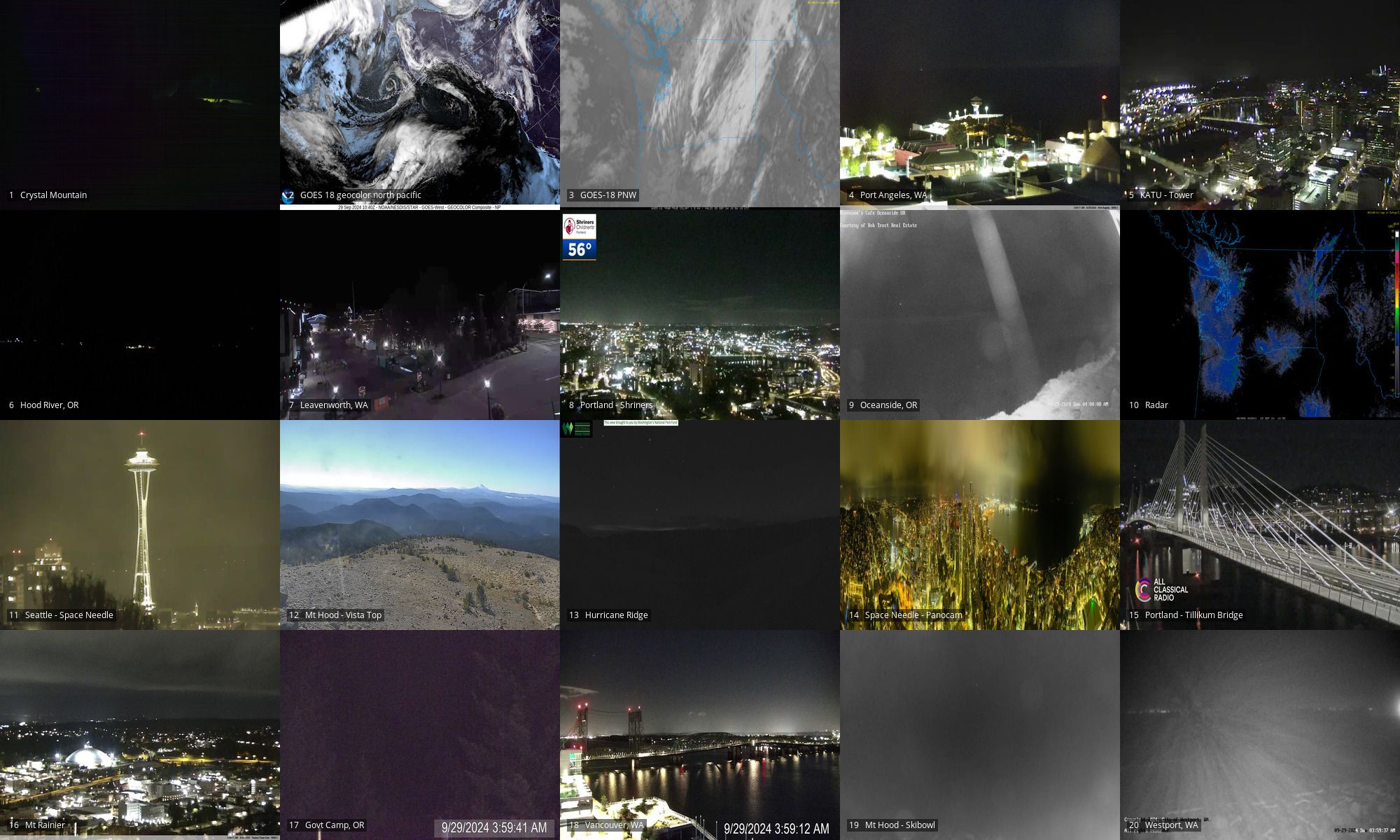 Webcams of: Crystal Mtn | GOES18 geocolor of NP and PNW | Port Angeles | PDX Tower | Hood River OR | Leavenworth WA | PDX OHSU | Oceanside OR | Radar | Space Needle | Mt Hood looking south to Jefferson | Hurricane Ridge | Space Needle PanoCam | PDX Tilikum xing | Mt Rainier | Government Camp OR | Vancouver WA | Mt Hood Skibowl | Westport WA