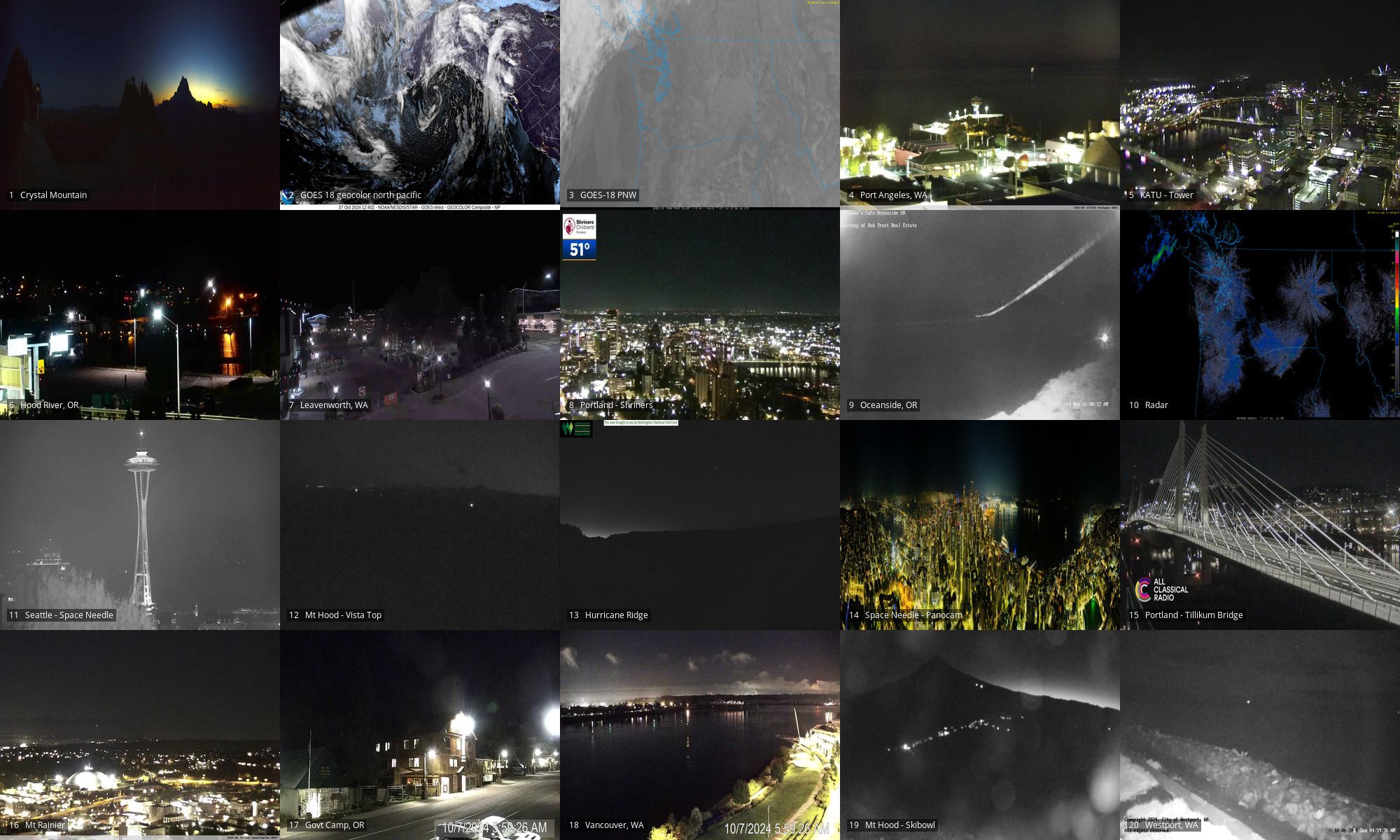 Webcams of: Crystal Mtn | GOES18 geocolor of NP and PNW | Port Angeles | PDX Tower | Hood River OR | Leavenworth WA | PDX OHSU | Oceanside OR | Radar | Space Needle | Mt Hood looking south to Jefferson | Hurricane Ridge | Space Needle PanoCam | PDX Tilikum xing | Mt Rainier | Government Camp OR | Vancouver WA | Mt Hood Skibowl | Westport WA