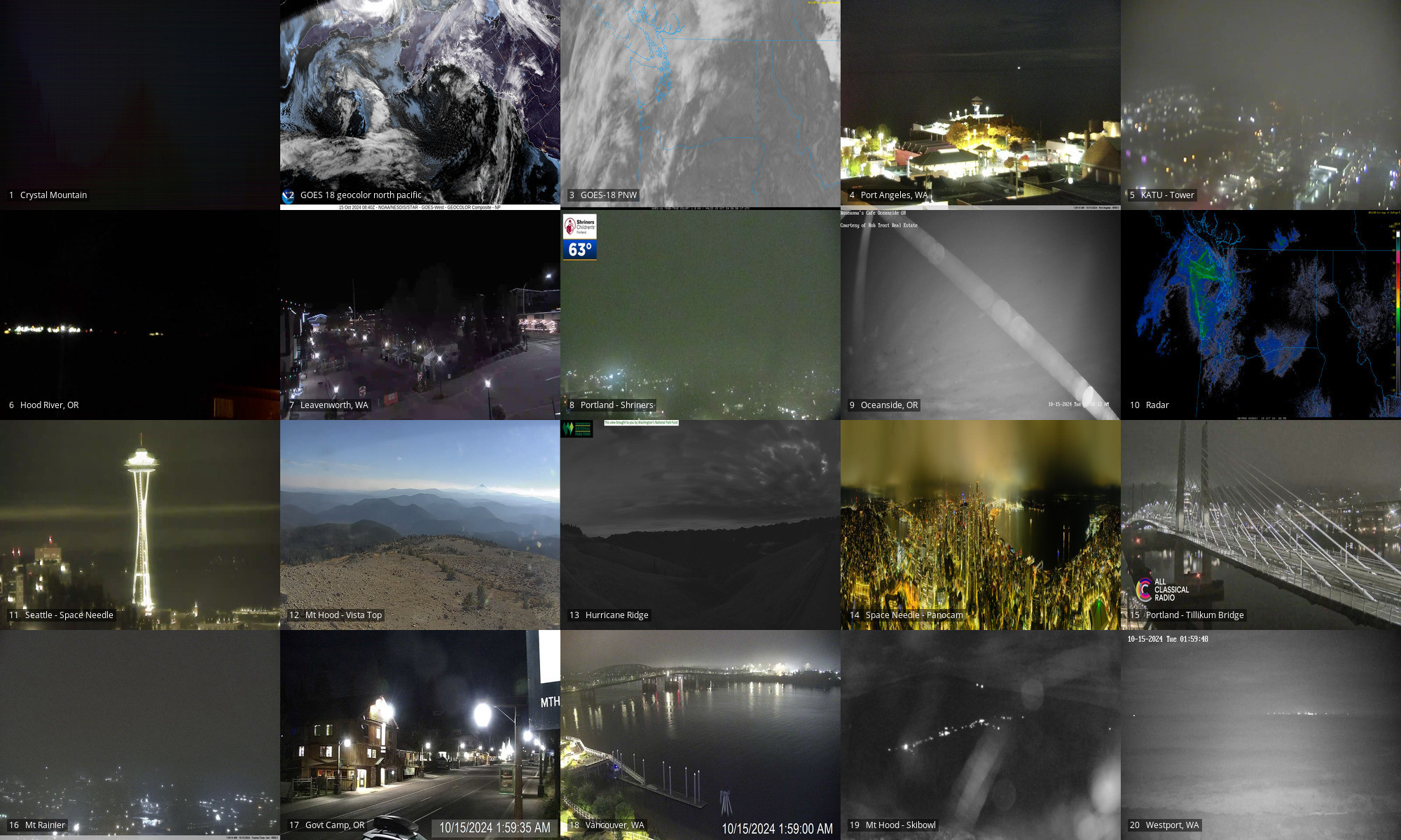 Webcams of: Crystal Mtn | GOES18 geocolor of NP and PNW | Port Angeles | PDX Tower | Hood River OR | Leavenworth WA | PDX OHSU | Oceanside OR | Radar | Space Needle | Mt Hood looking south to Jefferson | Hurricane Ridge | Space Needle PanoCam | PDX Tilikum xing | Mt Rainier | Government Camp OR | Vancouver WA | Mt Hood Skibowl | Westport WA