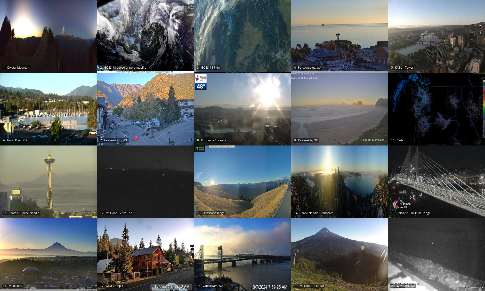 Webcams of: Crystal Mtn | GOES18 geocolor of NP and PNW | Port Angeles | PDX Tower | Hood River OR | Leavenworth WA | PDX OHSU | Oceanside OR | Radar | Space Needle | Mt Hood looking south to Jefferson | Hurricane Ridge | Space Needle PanoCam | PDX Tilikum xing | Mt Rainier | Government Camp OR | Vancouver WA | Mt Hood Skibowl | Westport WA