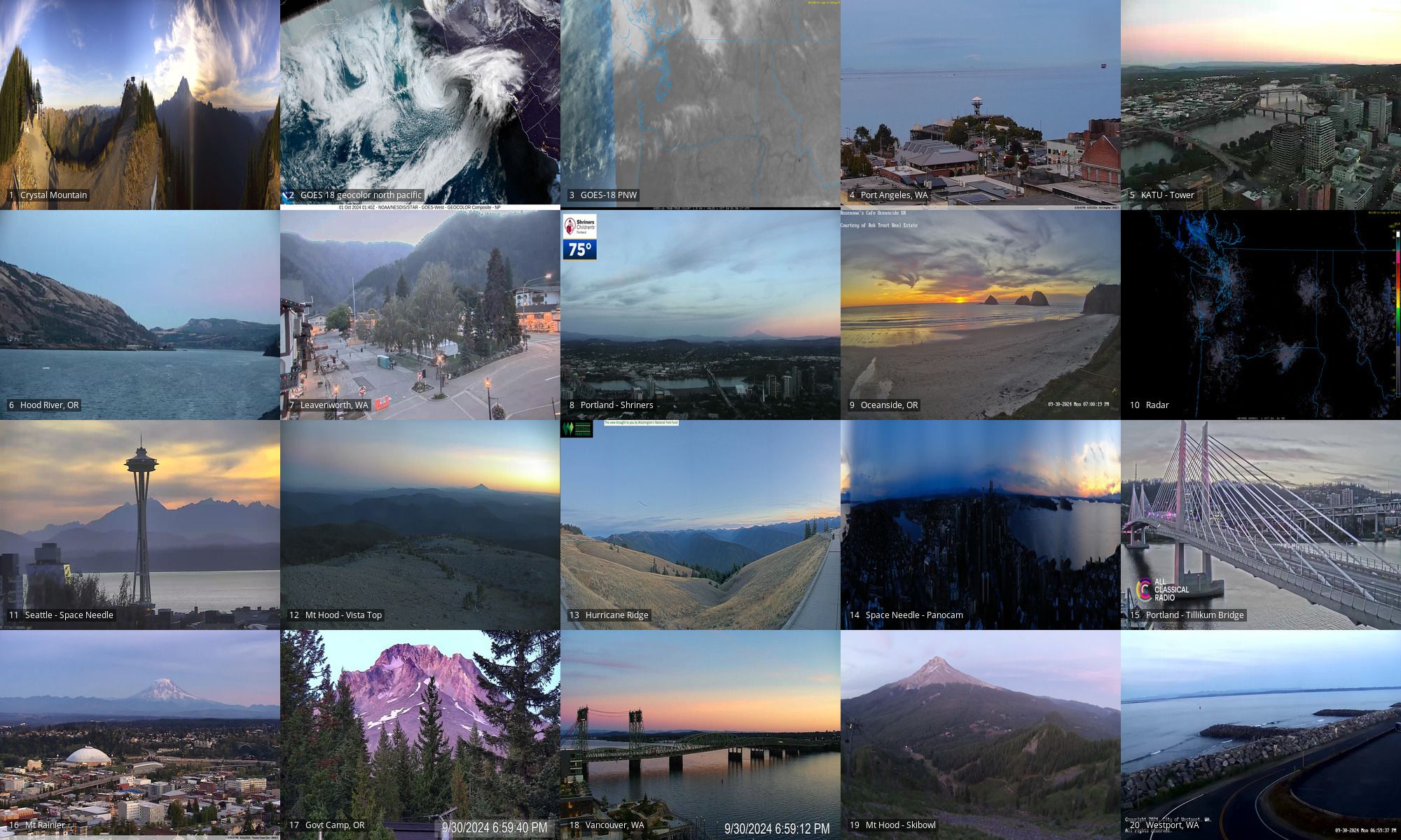 Webcams of: Crystal Mtn | GOES18 geocolor of NP and PNW | Port Angeles | PDX Tower | Hood River OR | Leavenworth WA | PDX OHSU | Oceanside OR | Radar | Space Needle | Mt Hood looking south to Jefferson | Hurricane Ridge | Space Needle PanoCam | PDX Tilikum xing | Mt Rainier | Government Camp OR | Vancouver WA | Mt Hood Skibowl | Westport WA