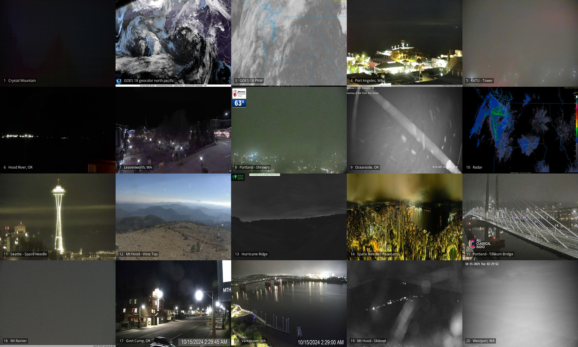 Webcams of: Crystal Mtn | GOES18 geocolor of NP and PNW | Port Angeles | PDX Tower | Hood River OR | Leavenworth WA | PDX OHSU | Oceanside OR | Radar | Space Needle | Mt Hood looking south to Jefferson | Hurricane Ridge | Space Needle PanoCam | PDX Tilikum xing | Mt Rainier | Government Camp OR | Vancouver WA | Mt Hood Skibowl | Westport WA