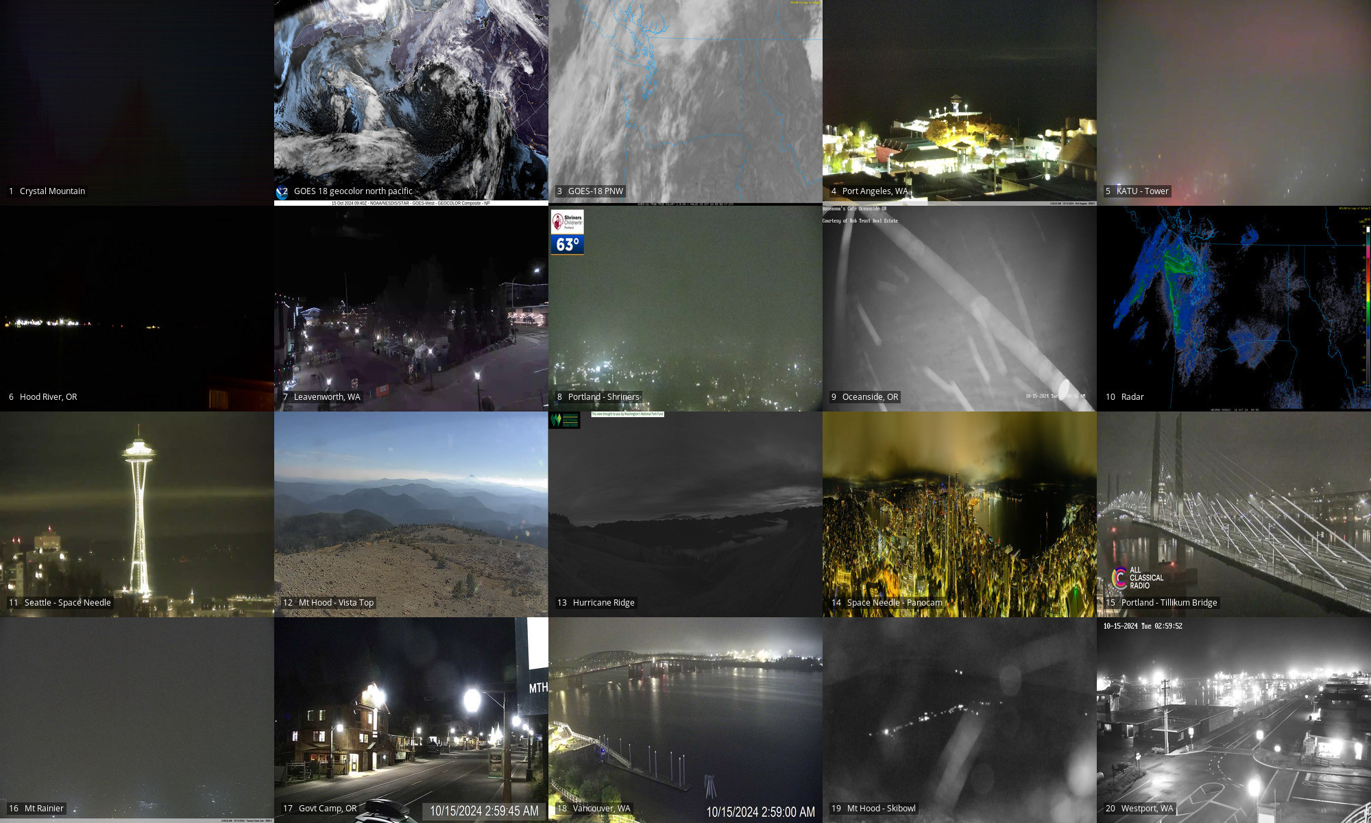 Webcams of: Crystal Mtn | GOES18 geocolor of NP and PNW | Port Angeles | PDX Tower | Hood River OR | Leavenworth WA | PDX OHSU | Oceanside OR | Radar | Space Needle | Mt Hood looking south to Jefferson | Hurricane Ridge | Space Needle PanoCam | PDX Tilikum xing | Mt Rainier | Government Camp OR | Vancouver WA | Mt Hood Skibowl | Westport WA