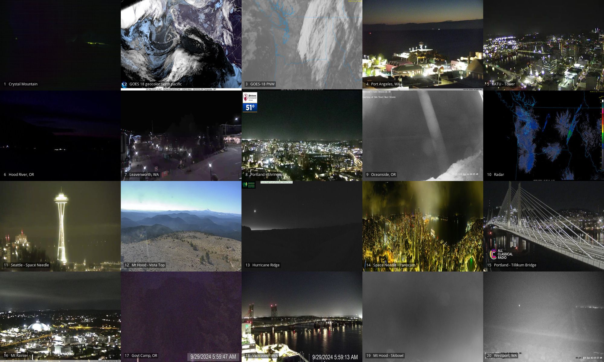 Webcams of: Crystal Mtn | GOES18 geocolor of NP and PNW | Port Angeles | PDX Tower | Hood River OR | Leavenworth WA | PDX OHSU | Oceanside OR | Radar | Space Needle | Mt Hood looking south to Jefferson | Hurricane Ridge | Space Needle PanoCam | PDX Tilikum xing | Mt Rainier | Government Camp OR | Vancouver WA | Mt Hood Skibowl | Westport WA