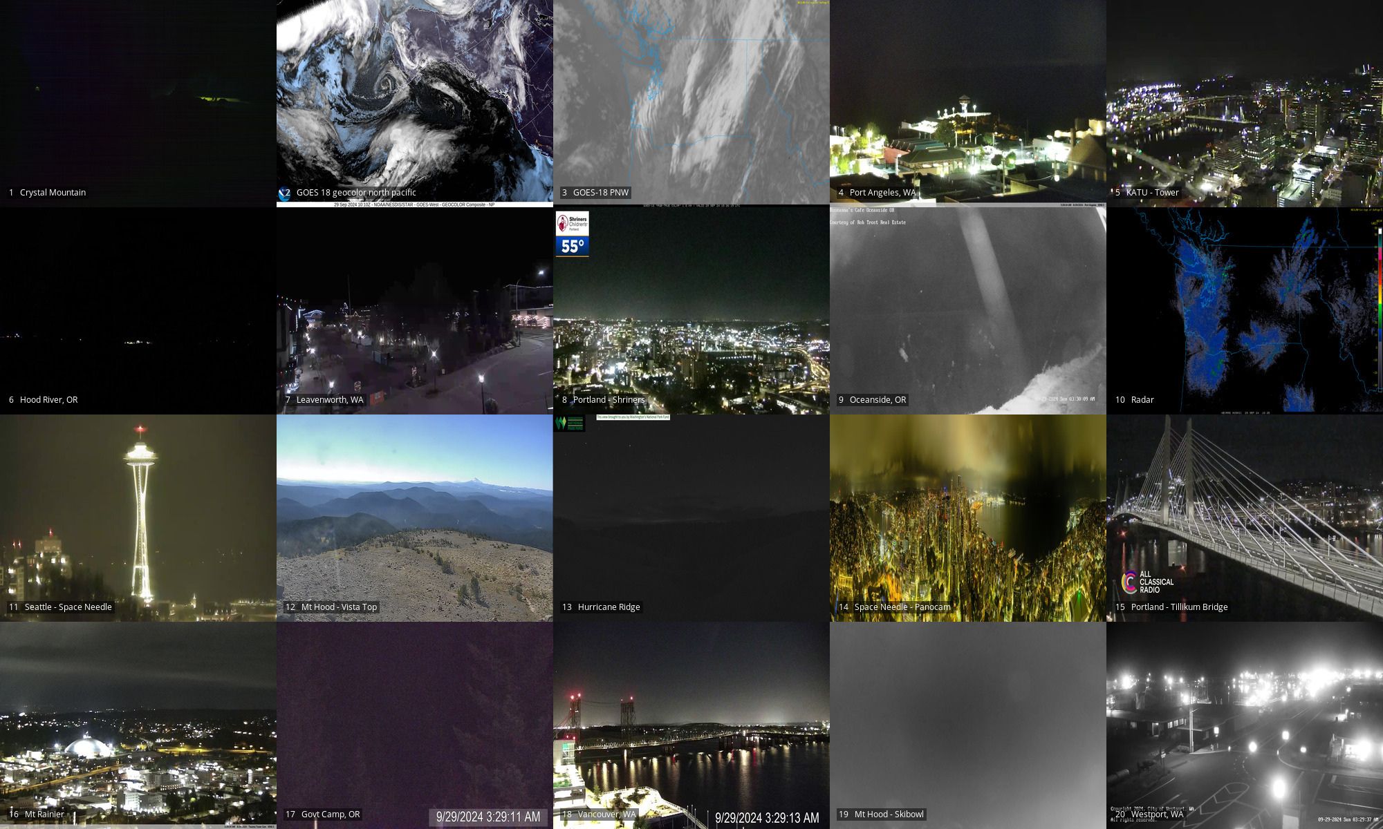 Webcams of: Crystal Mtn | GOES18 geocolor of NP and PNW | Port Angeles | PDX Tower | Hood River OR | Leavenworth WA | PDX OHSU | Oceanside OR | Radar | Space Needle | Mt Hood looking south to Jefferson | Hurricane Ridge | Space Needle PanoCam | PDX Tilikum xing | Mt Rainier | Government Camp OR | Vancouver WA | Mt Hood Skibowl | Westport WA