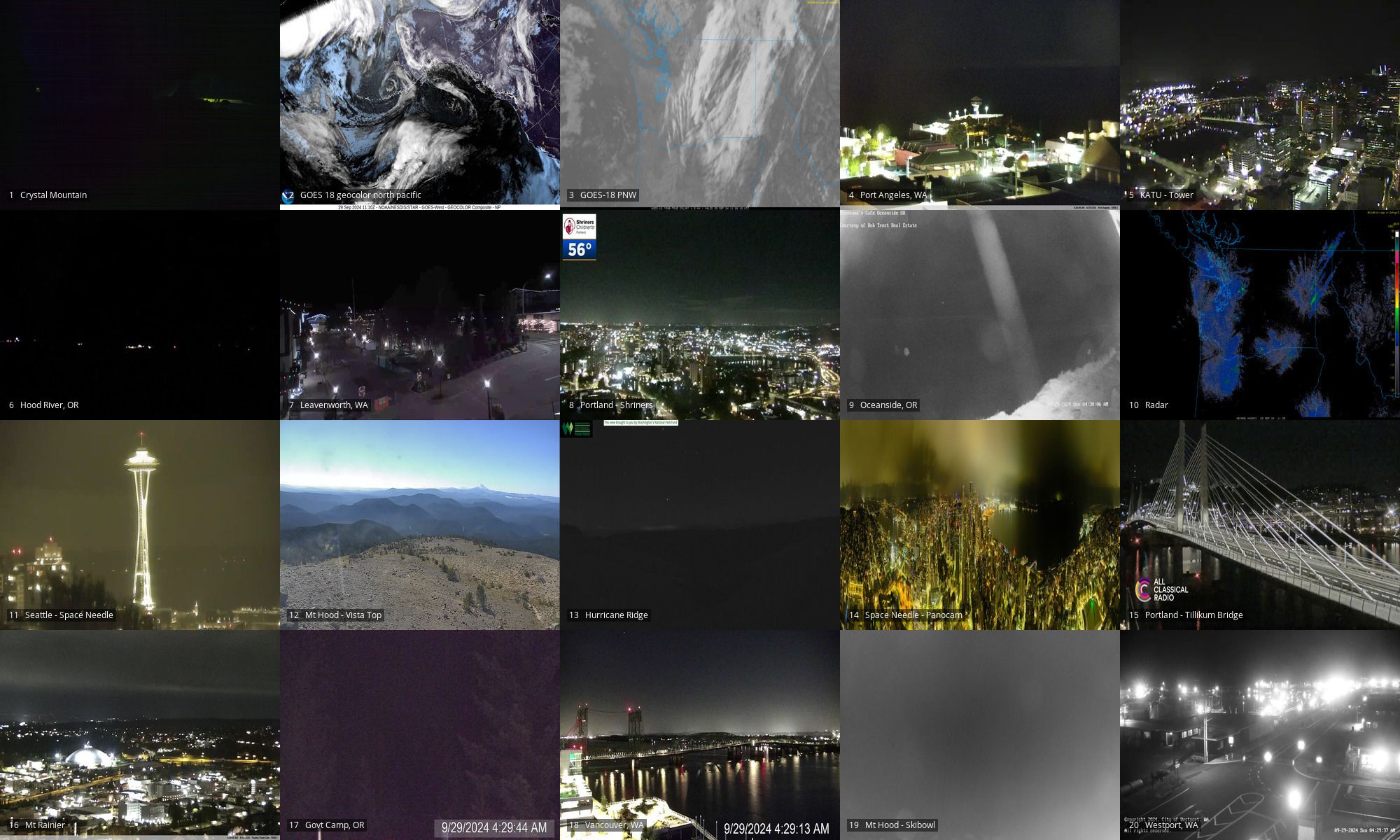 Webcams of: Crystal Mtn | GOES18 geocolor of NP and PNW | Port Angeles | PDX Tower | Hood River OR | Leavenworth WA | PDX OHSU | Oceanside OR | Radar | Space Needle | Mt Hood looking south to Jefferson | Hurricane Ridge | Space Needle PanoCam | PDX Tilikum xing | Mt Rainier | Government Camp OR | Vancouver WA | Mt Hood Skibowl | Westport WA