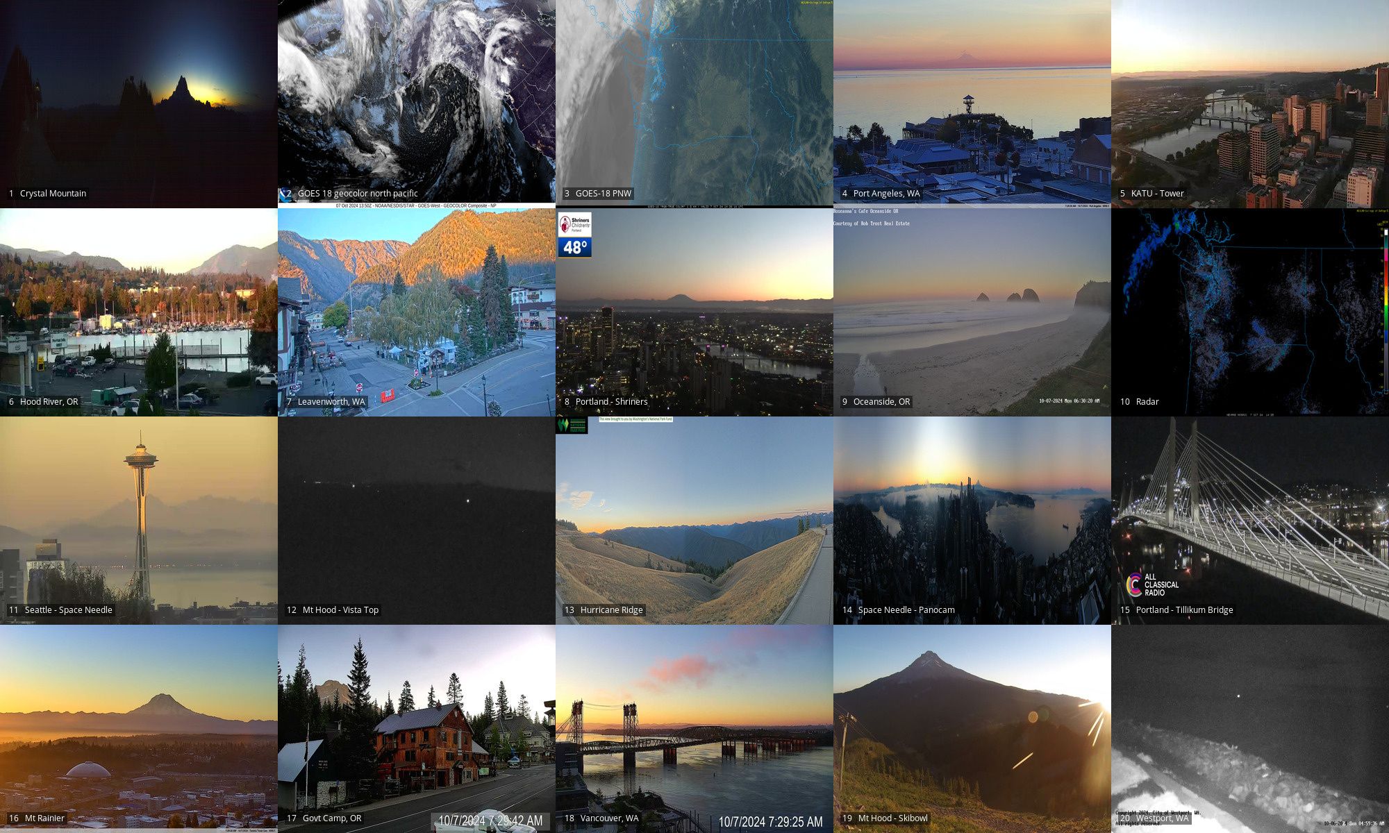 Webcams of: Crystal Mtn | GOES18 geocolor of NP and PNW | Port Angeles | PDX Tower | Hood River OR | Leavenworth WA | PDX OHSU | Oceanside OR | Radar | Space Needle | Mt Hood looking south to Jefferson | Hurricane Ridge | Space Needle PanoCam | PDX Tilikum xing | Mt Rainier | Government Camp OR | Vancouver WA | Mt Hood Skibowl | Westport WA