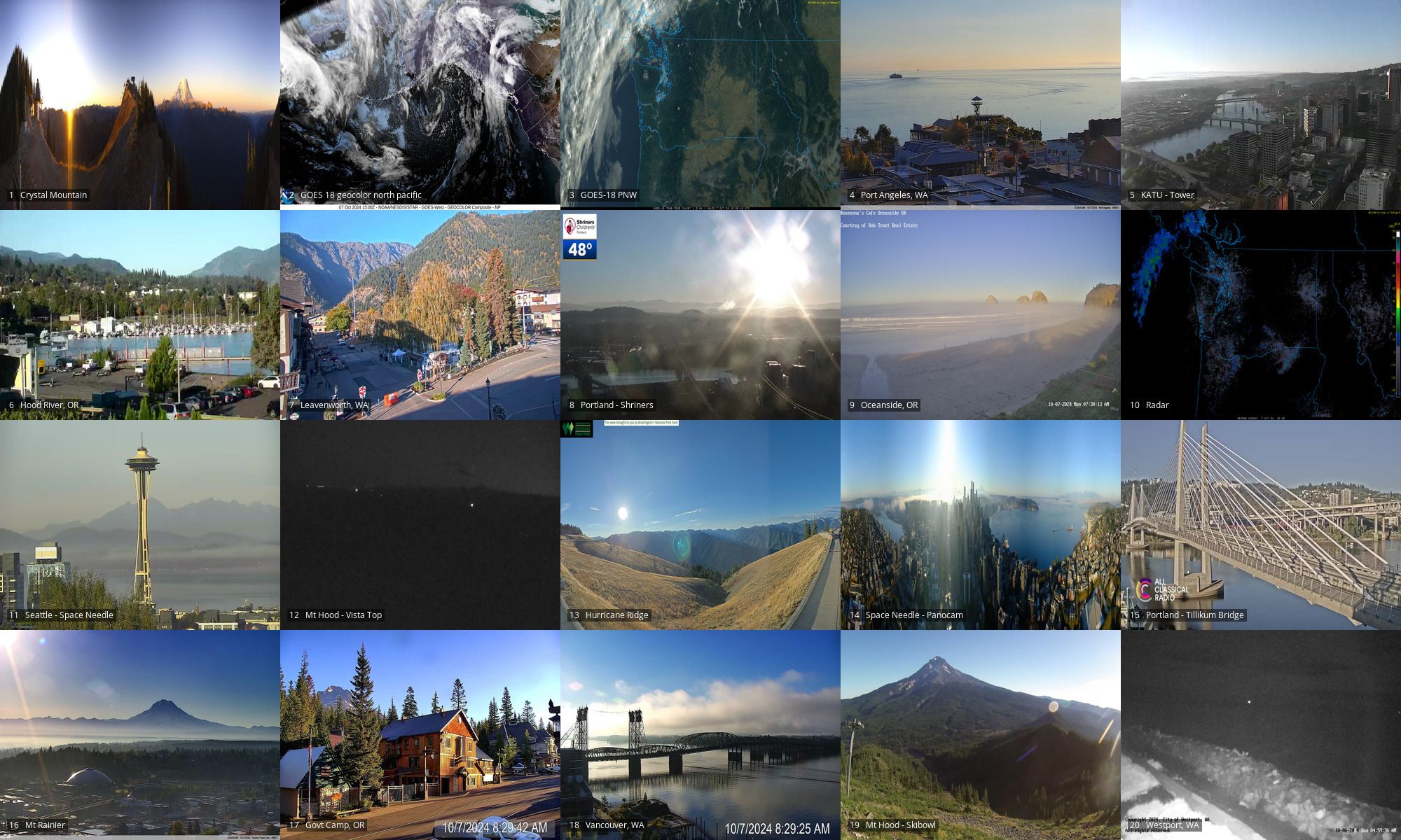 Webcams of: Crystal Mtn | GOES18 geocolor of NP and PNW | Port Angeles | PDX Tower | Hood River OR | Leavenworth WA | PDX OHSU | Oceanside OR | Radar | Space Needle | Mt Hood looking south to Jefferson | Hurricane Ridge | Space Needle PanoCam | PDX Tilikum xing | Mt Rainier | Government Camp OR | Vancouver WA | Mt Hood Skibowl | Westport WA
