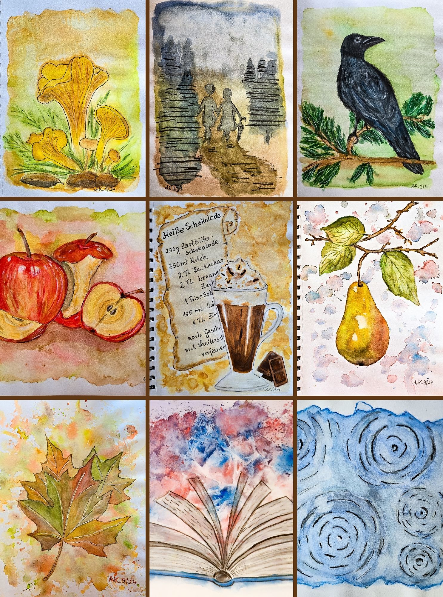 Collage aus 9 Aquarellbildern
Zu den Themen Pilze, regnerisch, Krähe,Äpfel,  heiße Schokolade, Birnen, Blätter, Buch,Pfütze