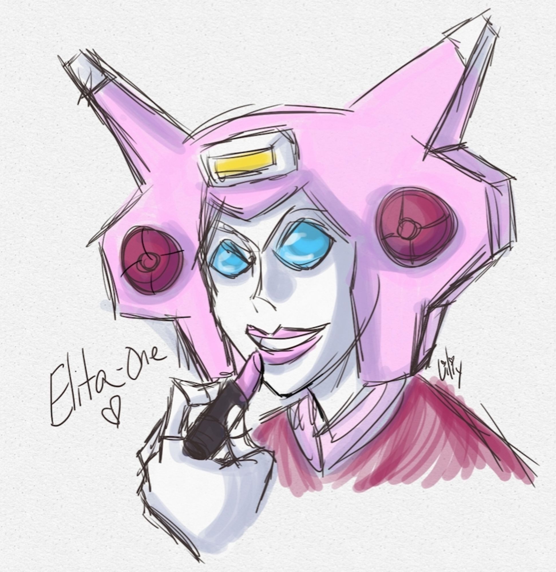 Fanart of Elita One putting on pink lipstick.