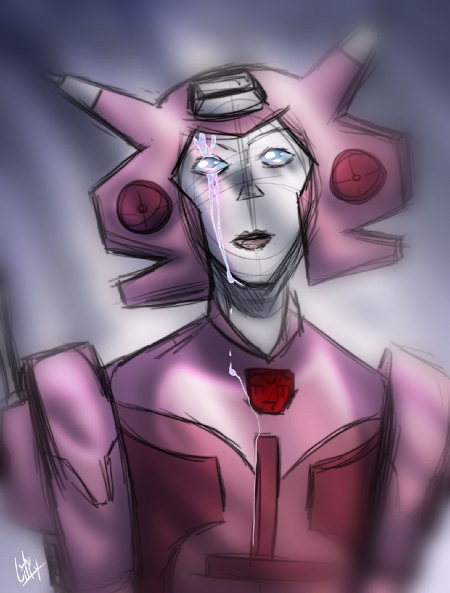 Fanart of Elita One with a head injury. The energon leak falls down half her face mimicking tears.