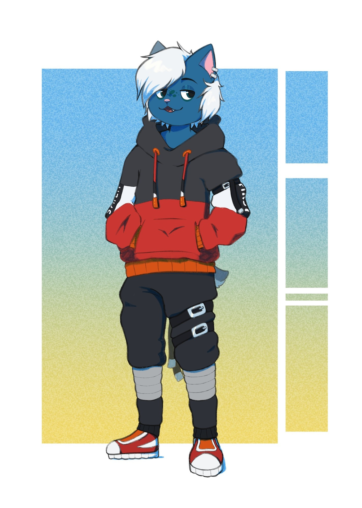 This is one of my sonas, Charlie. He's a blue domestic cat with shaggy white hair, this is a digital illustration I did of him in streetwear. Blue cat moment