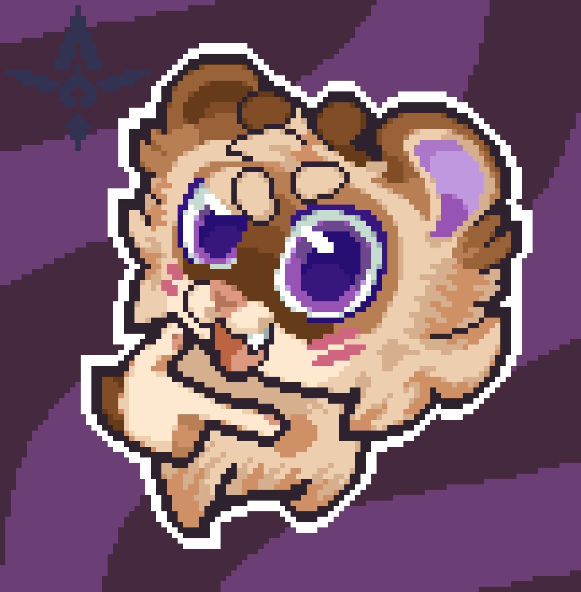 A pixelart icon showing a raccoon character, they have coffee brown countershade colors, purple eyes and a pair of antennas! With plenty of yap energy to spare