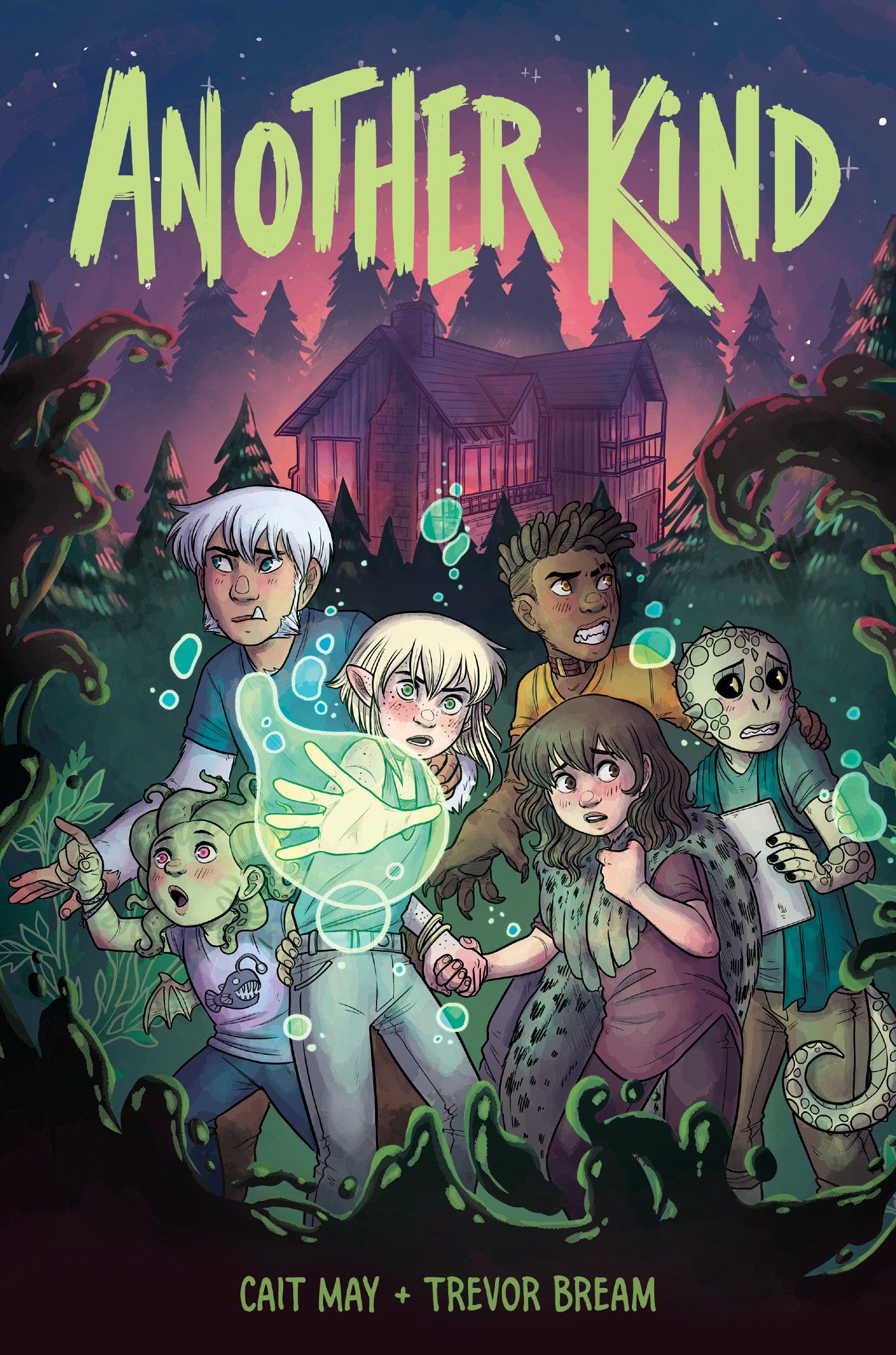 The cover of graphic novel "Another Kind" by Cait May and Trevor Bream. The cover shows Omar, Maggie, Sylvie, Jaali, Clarice, and Newt bracing themselves for danger.