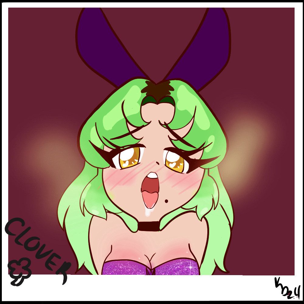 A anime girl with bright green hair and purple rabbit ears. She has her tongue sticking out and is blushing.