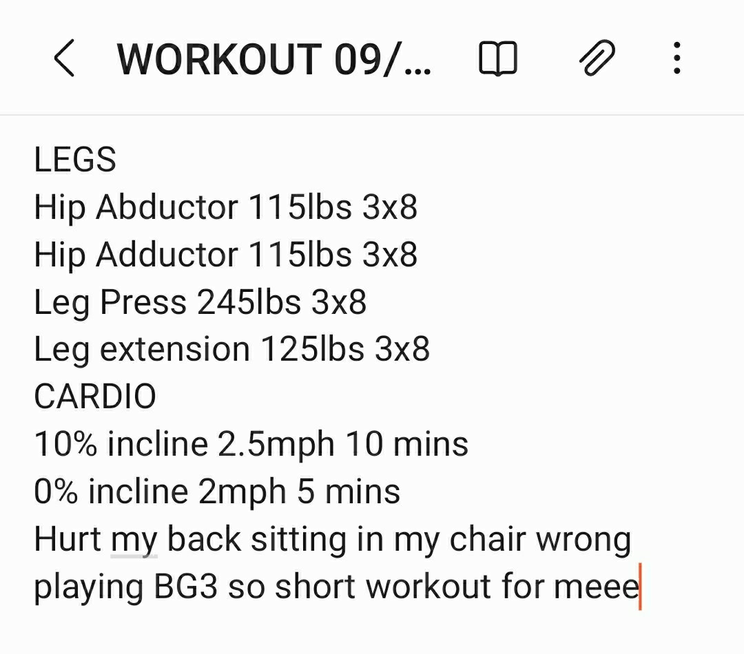 WORKOUT 09/05/2023

LEGS
Hip Abductor 115lbs 3x8
Hip Adductor 115lbs 3x8
Leg Press 245lbs 3x8
Leg extension 125lbs 3x8
CARDIO
10% incline 2.5mph 10 mins 
0% incline 2mph 5 mins
Hurt my back sitting in my chair wrong playing BG3 so short workout for meee