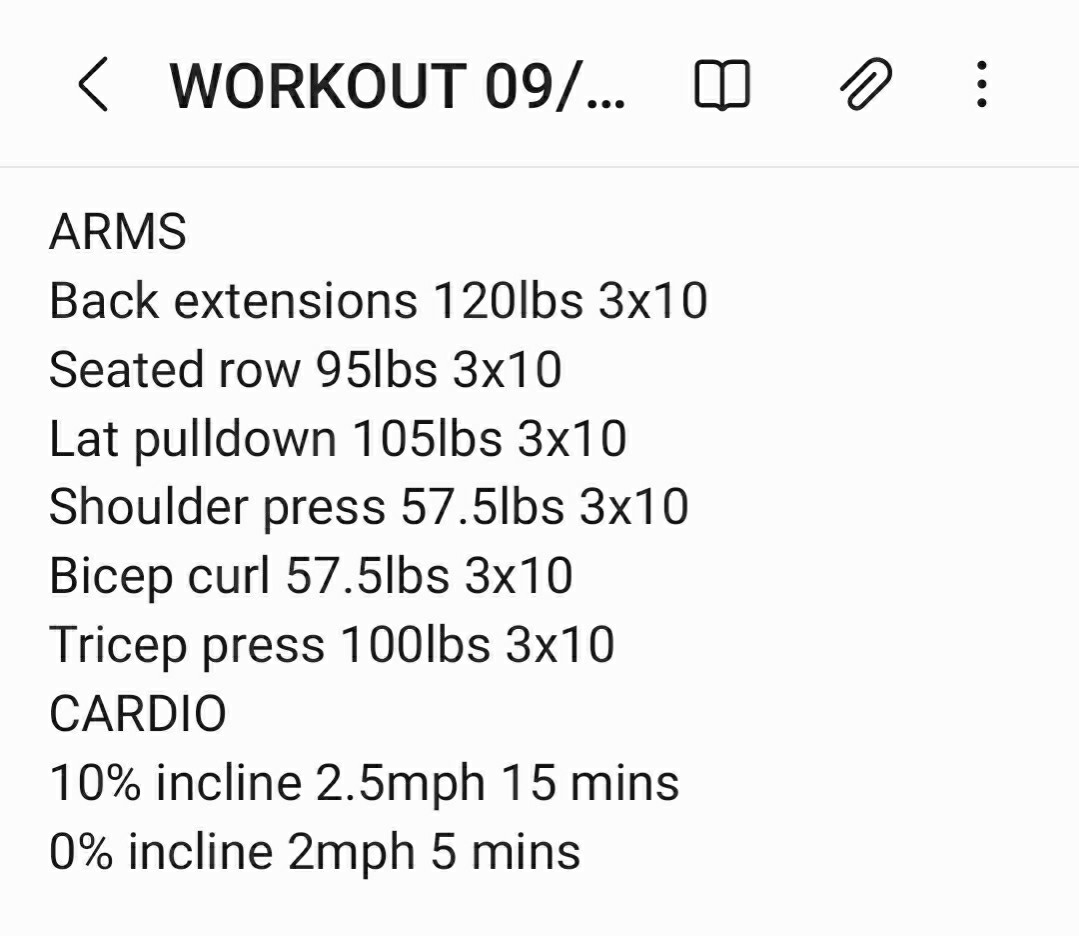 WORKOUT 09/04/2023

ARMS
Back extensions 120lbs 3x10
Seated row 95lbs 3x10
Lat pulldown 105lbs 3x10
Shoulder press 57.5lbs 3x10
Bicep curl 57.5lbs 3x10
Tricep press 100lbs 3x10
CARDIO
10% incline 2.5mph 15 mins 
0% incline 2mph 5 mins