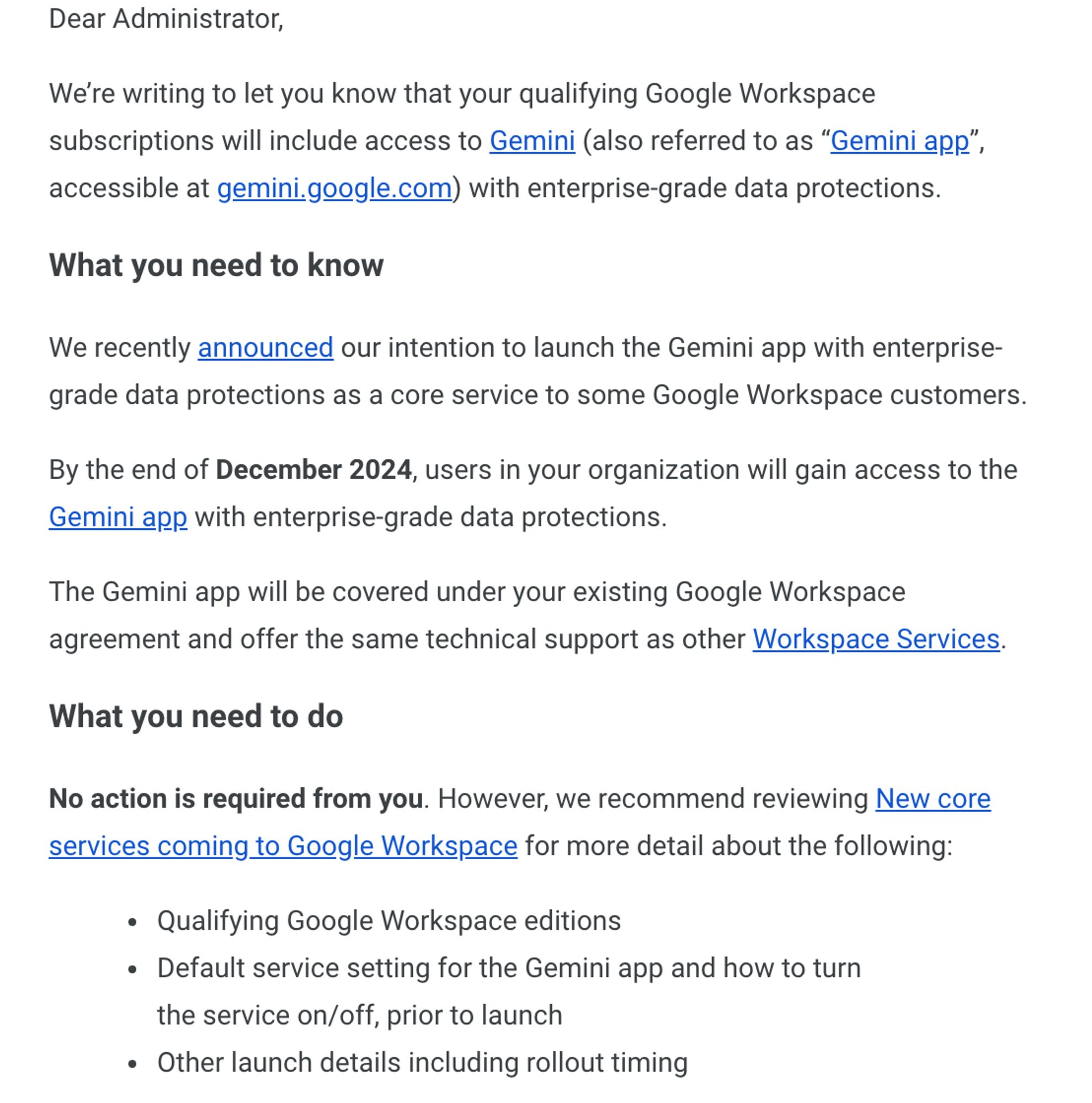 screenshot of an email from Google notifying Workspace administrators that "users in your organization will gain access to the Gemini app with enterprise-grade data protections" sometime in December 2024.