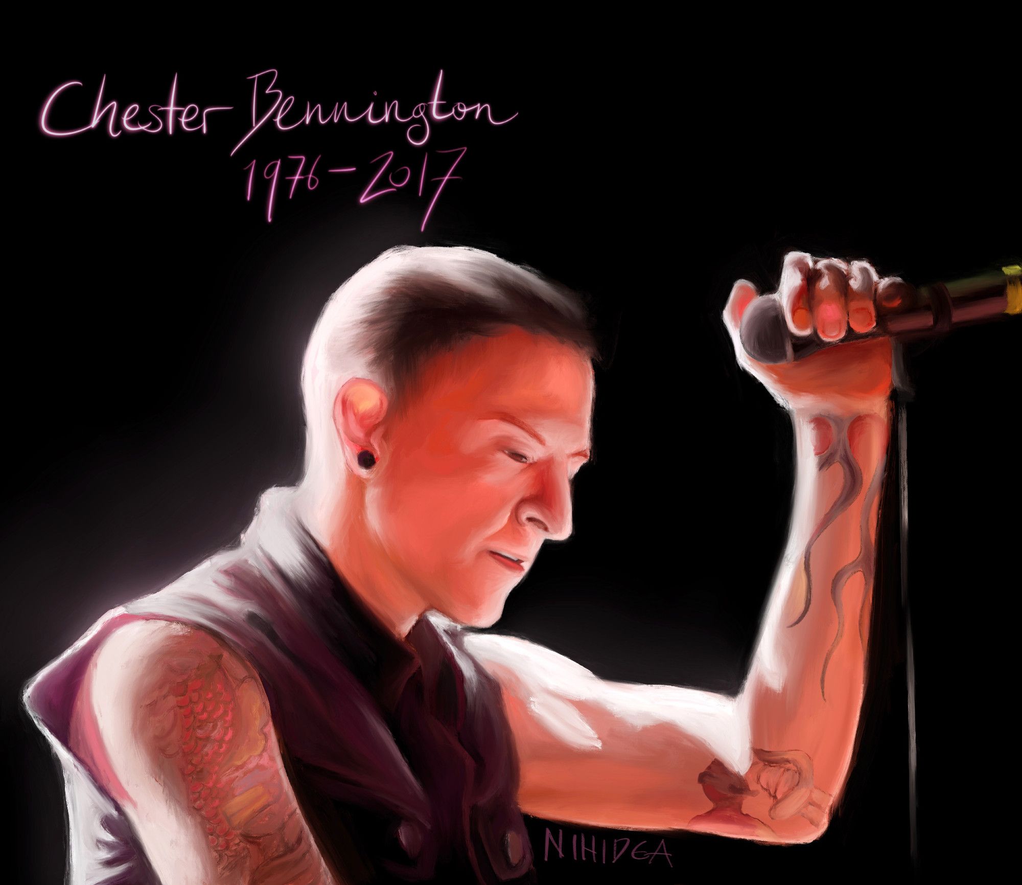 A digital painting of Chester Bennington, from the chest up, his head slightly bowed, left hand lifted to hold on to a microphone on a mic stand. There is a strong white light cast on his back, making him glow against a black background. Above him light purple text reads Chester Bennington, 1976-2017