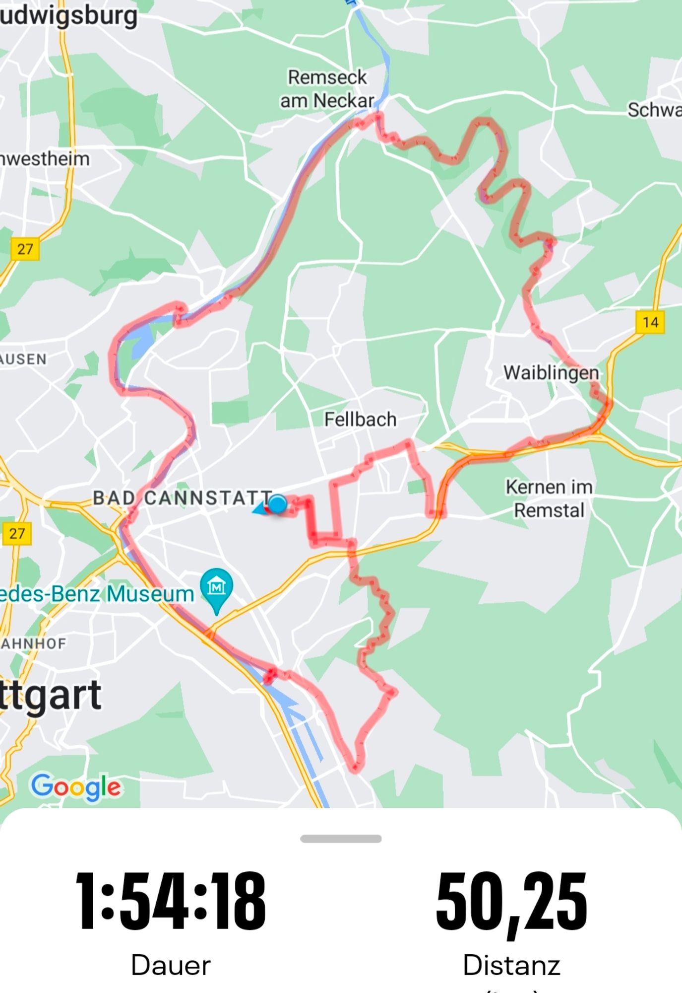 Fahrradrunde 50 km
Grob: Fellbach, Rotenberg, Obertürkheim, Neckar runter bis Remseck, Rems hoch bis Waiblingen, Fellbach.