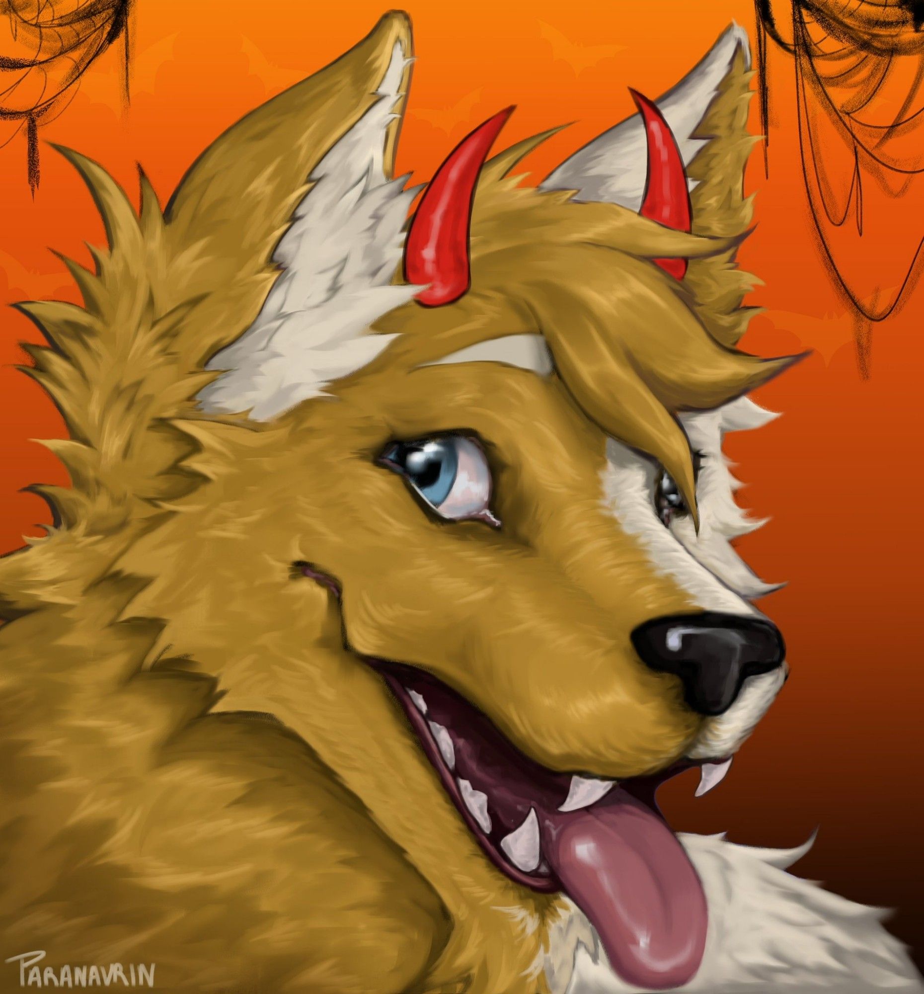 A bust fursona avatar of a half white and half yellow canid (he's a kitsune) with super fluffy fur and his mouth open and tongue lolling out. He's got tiny red devil horns on his head and spiders hanging from the corners of the picture backlit by orange and black gradiant.