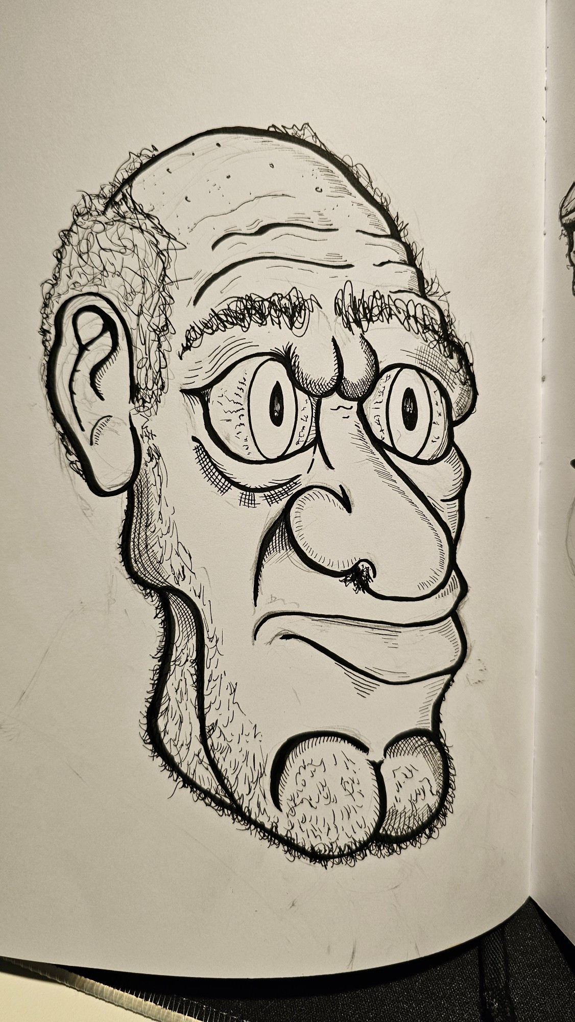 A sketch of a man with an elongated face, his chin looks like a pair of testicles