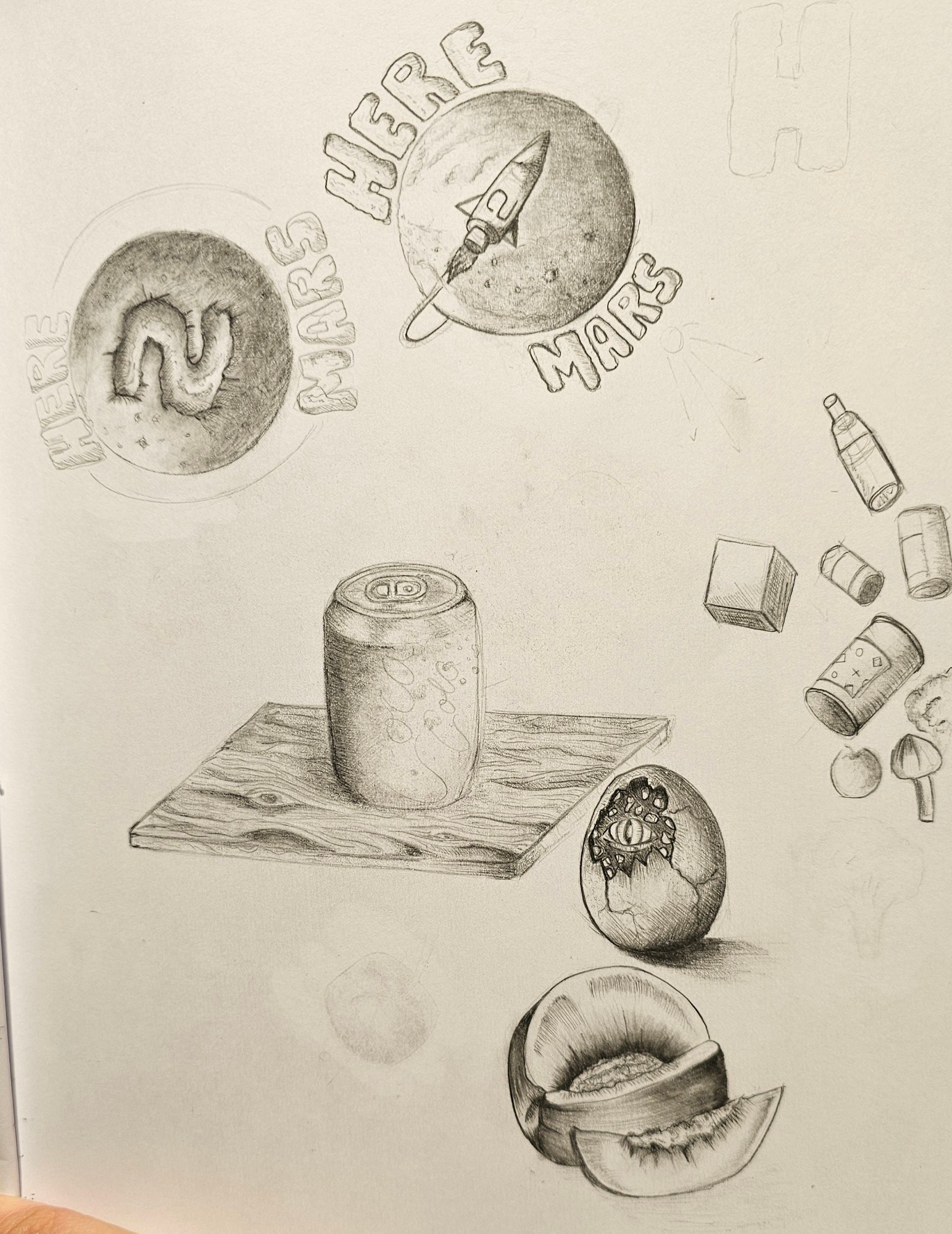 Various drawing such as a coke can a a piece of wood, a piece of fruit with a slice cut out.