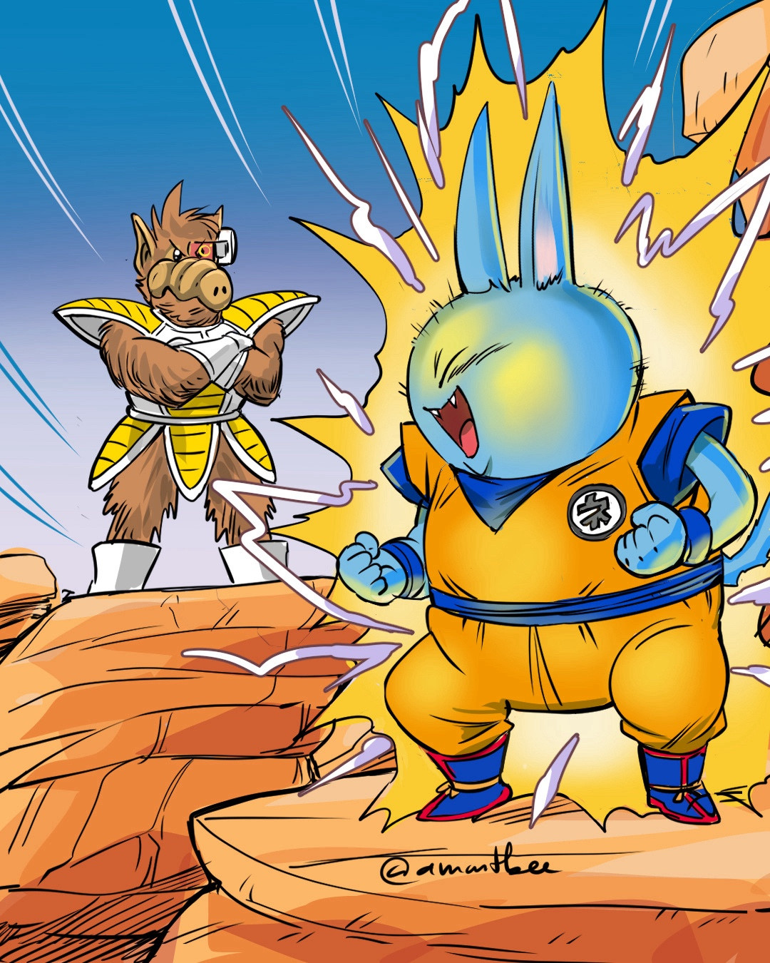 Alf dressed as Vegeta fighting Neko Majin from Neko Majin Z.