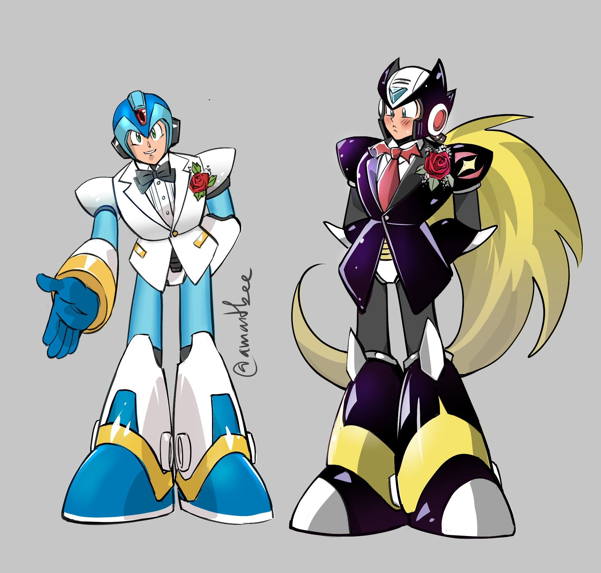 Megaman X and Zero are in wedding groom armor. X is reaching his hand while Zero is having the wedding jitters in his black armor modified to look like a wedding groom.