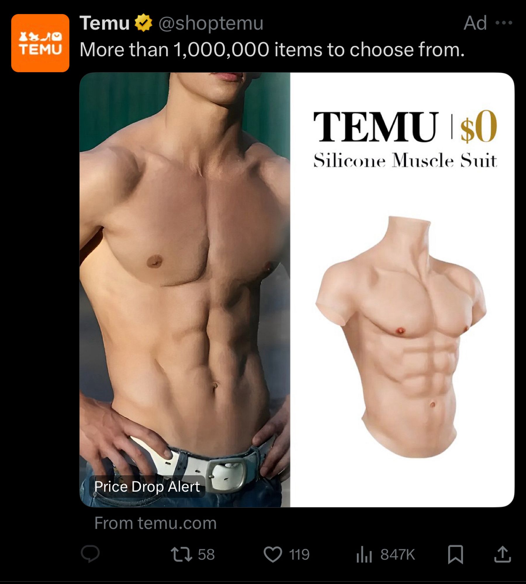 Screenshot of a Temu ad selling a silicone muscle suit for $0