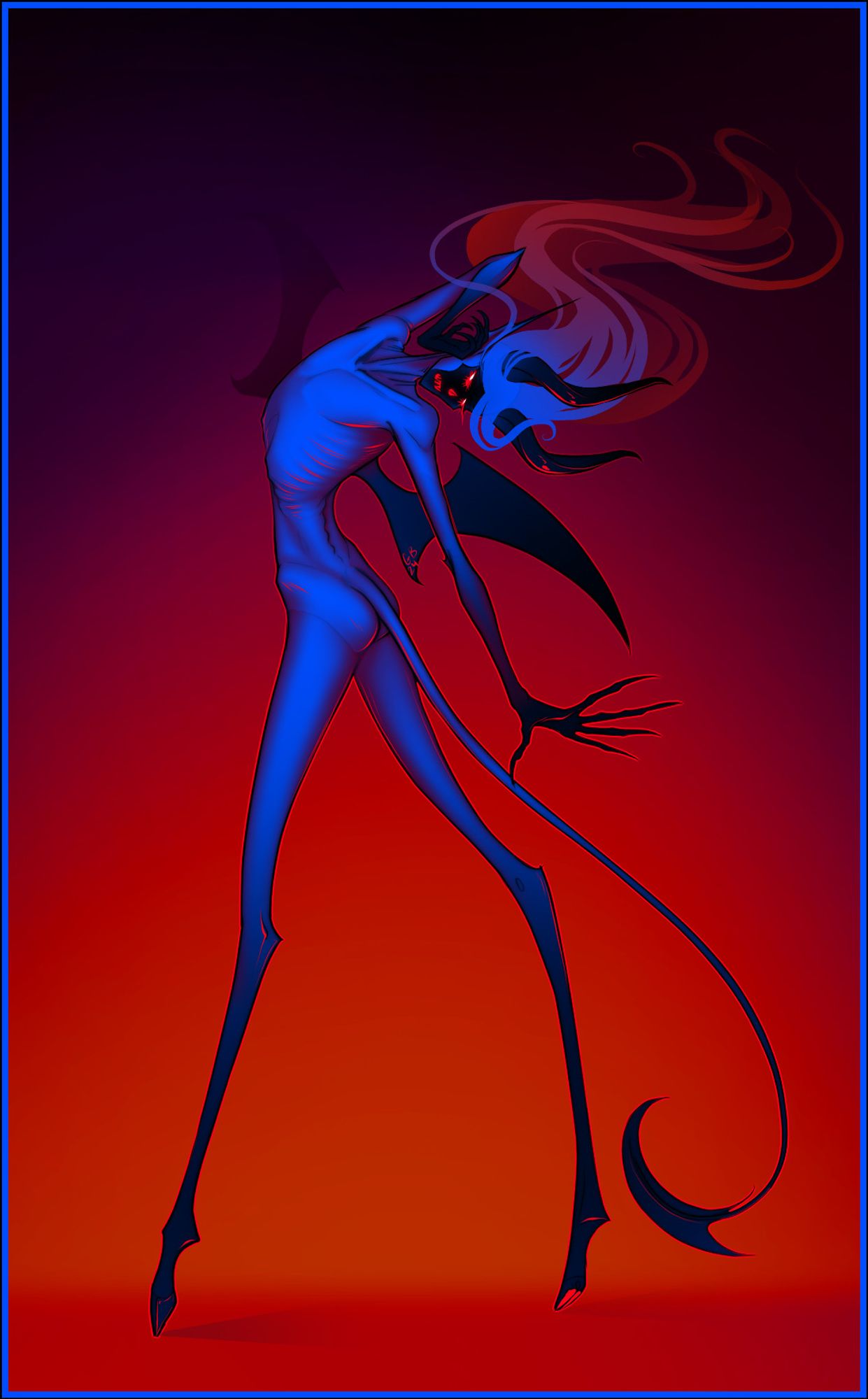 The image is a digital painting of a very skinny, sexless, devil-like creature with brilliant blue skin on a vivid red and black background. It has a long, thin tail ending in a wicked blade-like barb and dainty little cervine legs, the hooves of which scarcely touch the ground. Its eyes, nose and mouth glow red on its nearly black face below two large and twisted horns. Its transparent hair billows above and behind it like smoke. It stretches languidly, arching its winged back and wearing a sullen moue. It seems brooding and unhappy, the oppressive dark atmosphere seeming to weigh heavily on it. What could possibly have made this little devil pout so grumpily?