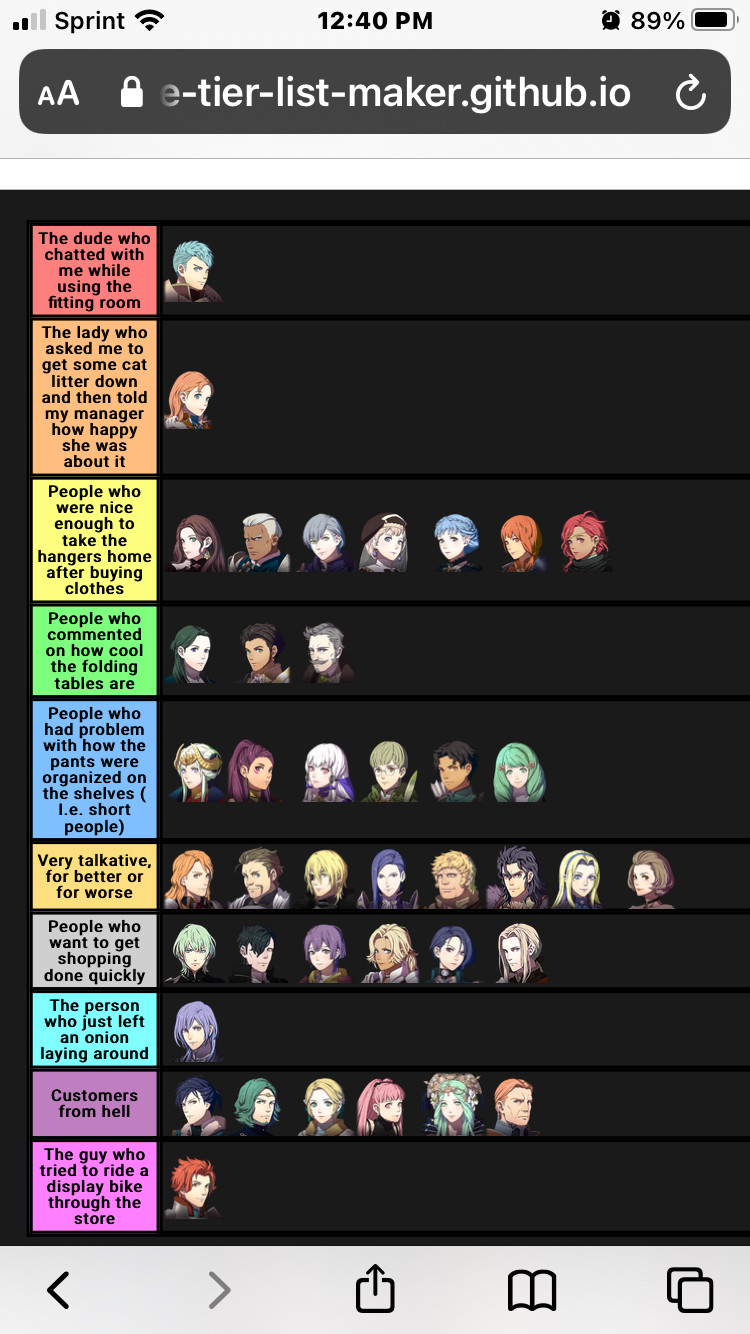 The dude who chatted with me while using the fitting room Caspar
The lady who asked me to get some cat litter down and then told my manager how happy she was about it Annette 
People who were nice enough to take the hangers home after buying clothes Dorothea Dedue Ashe Mercedes Marianne Hapi
People who commented on how cool the folding tables are Linhardt Claude Hanneman
People who had problem with how the pants were organized on the shelves ( I.e. short people) Edelgard Petra Lysithea Ignatz Cyril Flayn
Very talkative, for better or for worse Ferdinand Alois Dimitri Lorenz Raphael Balthus Constance Manuela 
People who want to get shopping done quickly Byleth Hubert Bernadette Catherine Shamir Jeritza
The person who just left an onion laying around Yuri
Customers from hell Felix Seteth Ingrid Hilda Rhea Gilbert
The guy who tried to ride a display bike through the store Sylvain