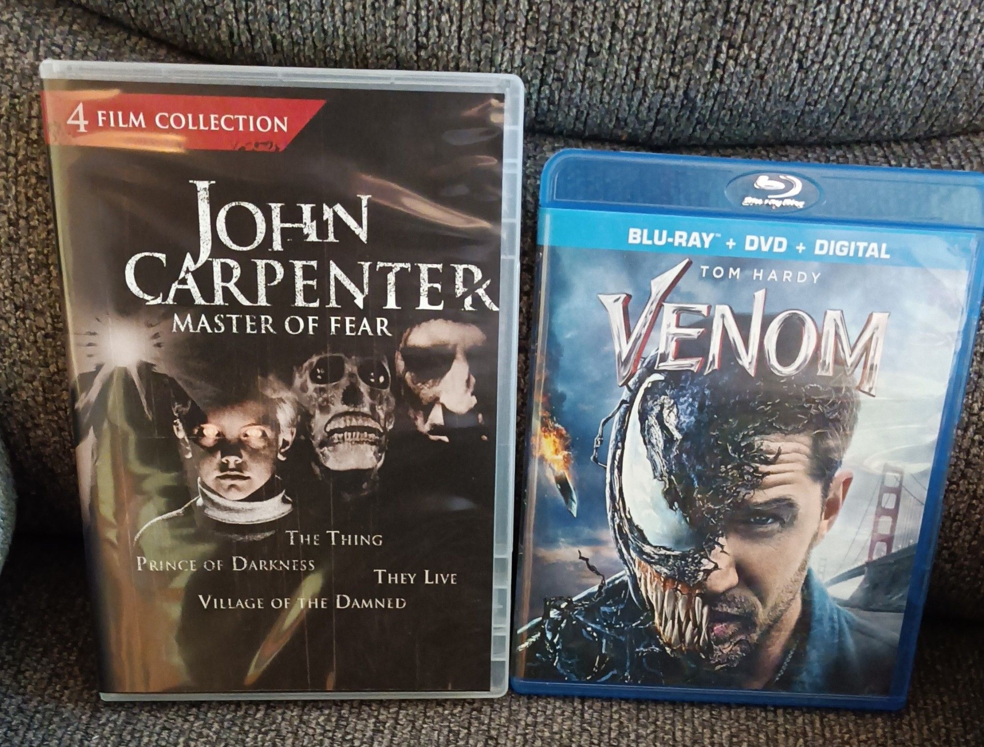 DVD of 4 John Carpenter movies- The Thing, Prince of Darkness, They Live and Village of the Damned. Venom Blu-ray