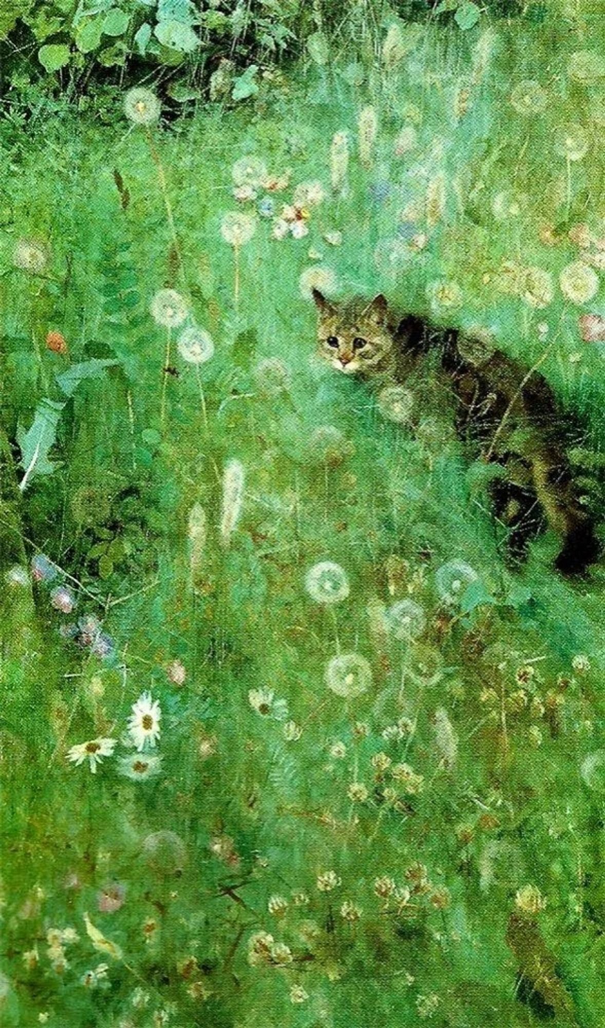 Painting of a very lush green field with dandelion puff balls and wild flowers. In the upper right of the painting, a brown tabby cat is walking away from the viewer, but stops and looks over it's shoulder. The cat has an almost concerned look on its face, as if it turned to look at the source of some noise.