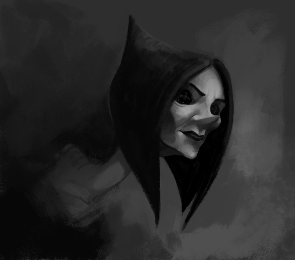 a black and white digitally painted portrait of the Other Mother from Coraline. She has a slightly sneering expression, and is facing towards the right.